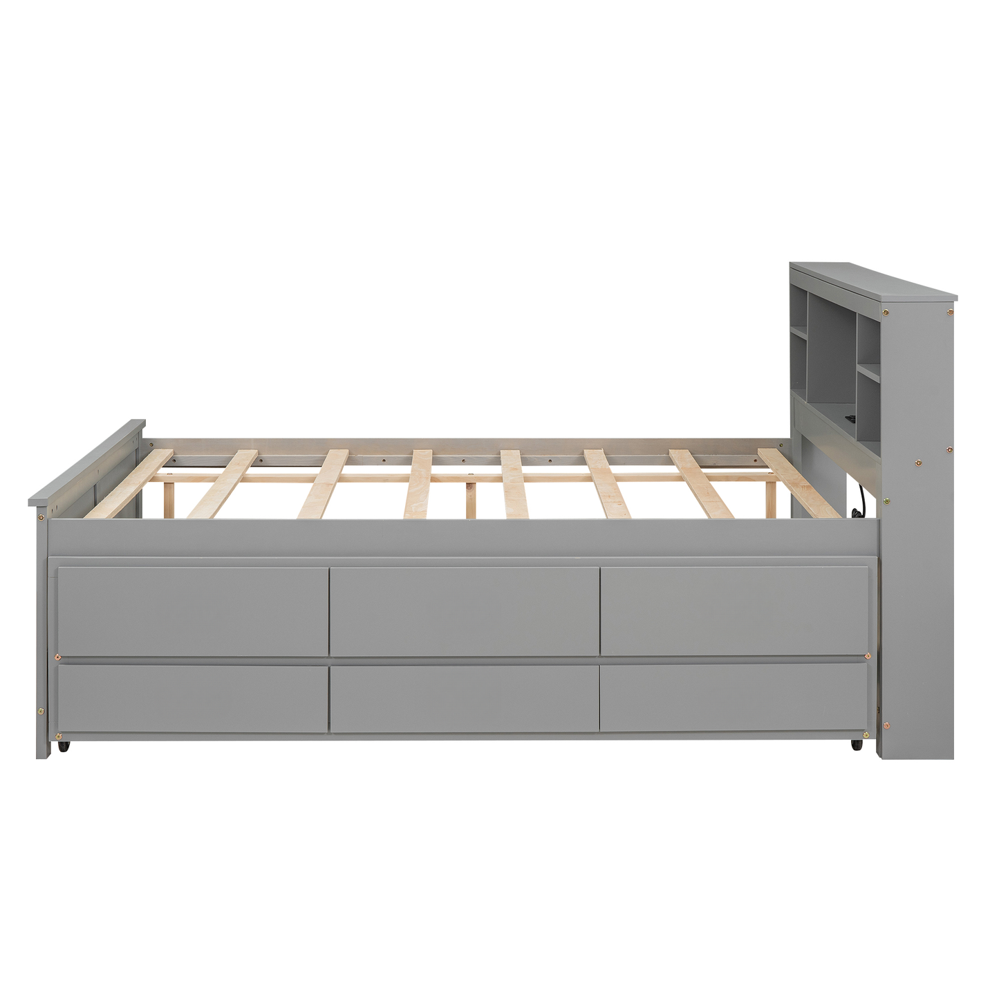 Gray twin storage bed frame with bookcase headboard and six drawers