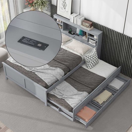 Gray trundle bed with builtin power outlet