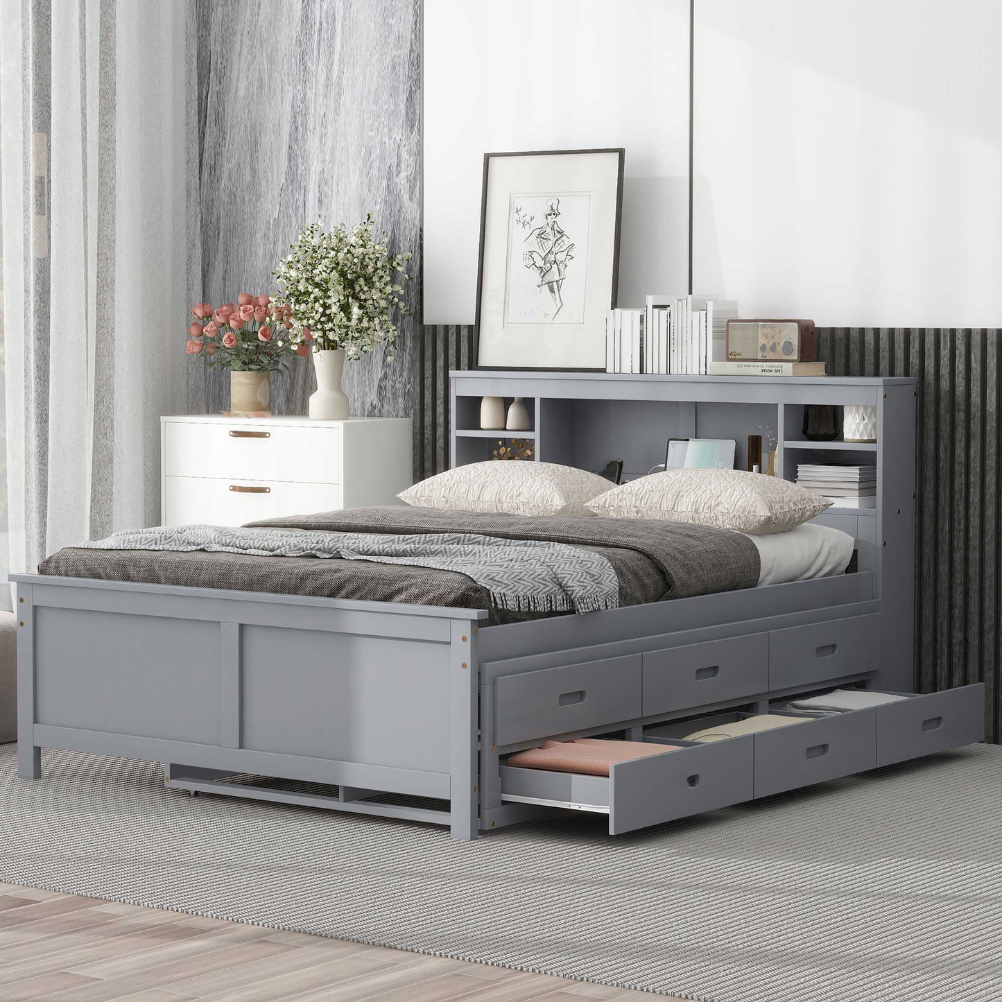 Gray wood platform bed with builtin drawers and headboard storage