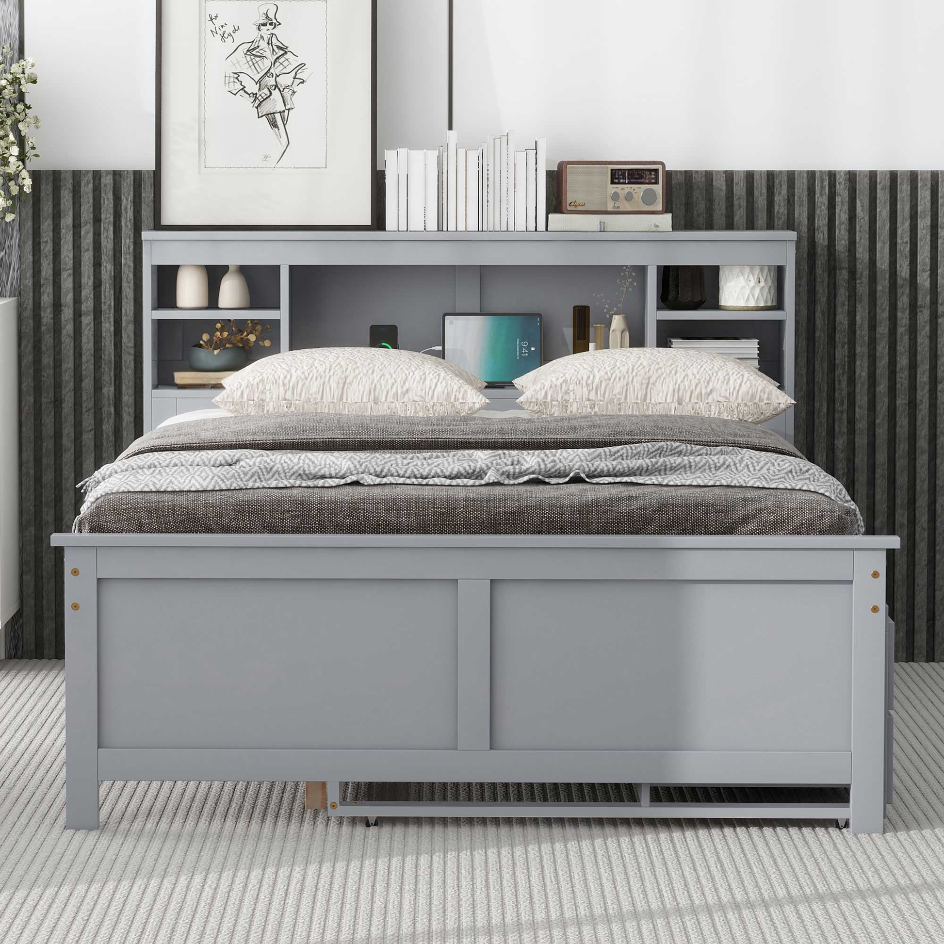 Gray modern platform bed with storage headboard