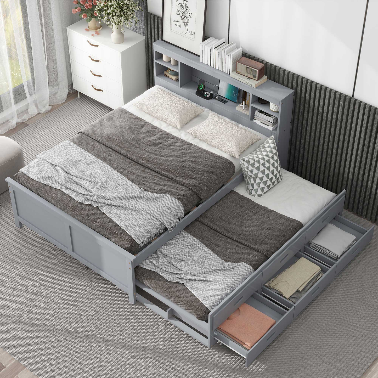 Gray twin bed with trundle and storage drawers