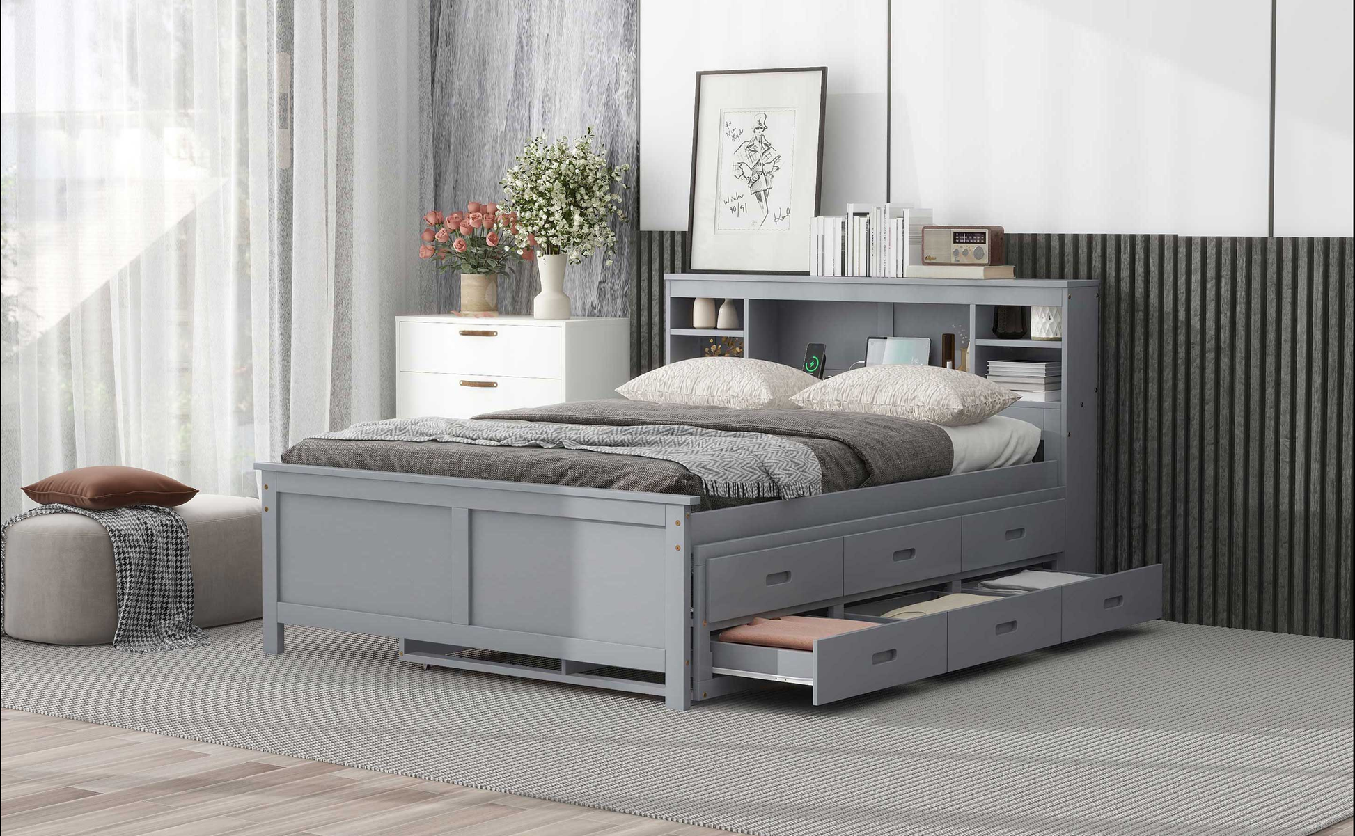 Gray twin bed frame with  drawers and open headboard shelves