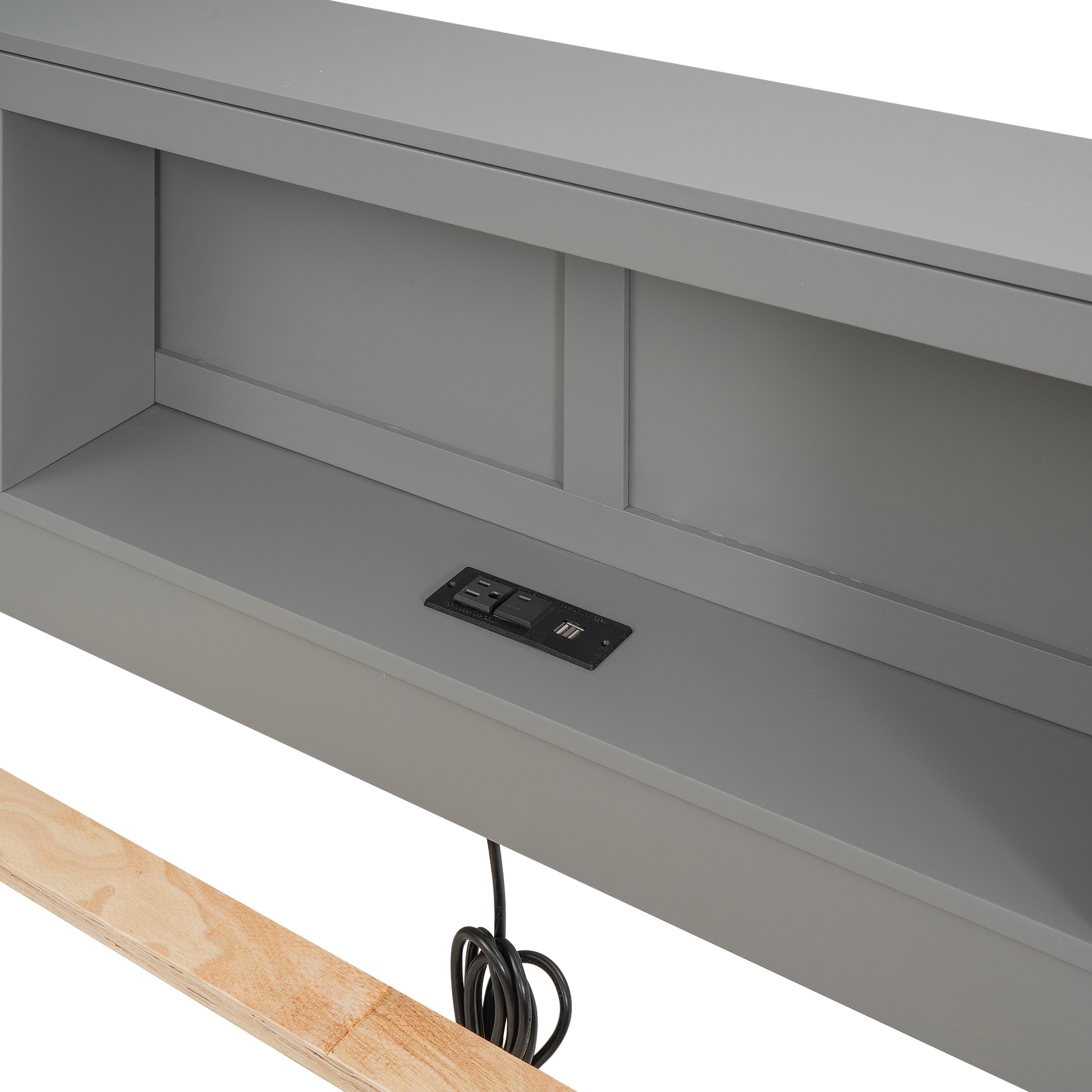 Gray headboard with integrated power outlets and USB charger