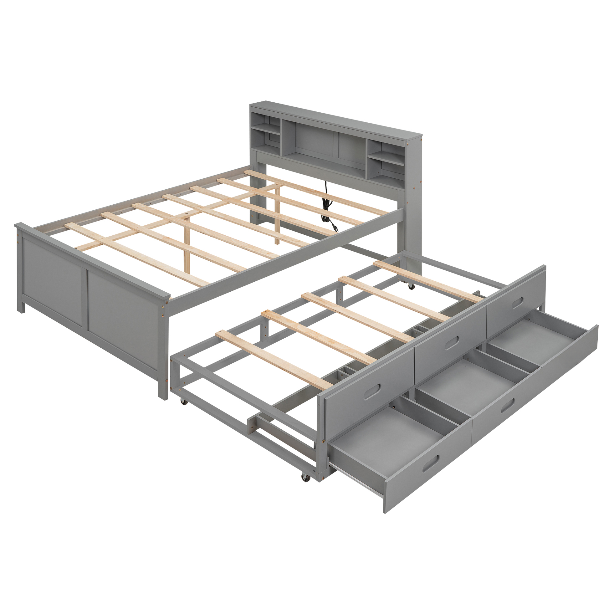 Gray wood storage trundle bed with headboard shelves and drawers
