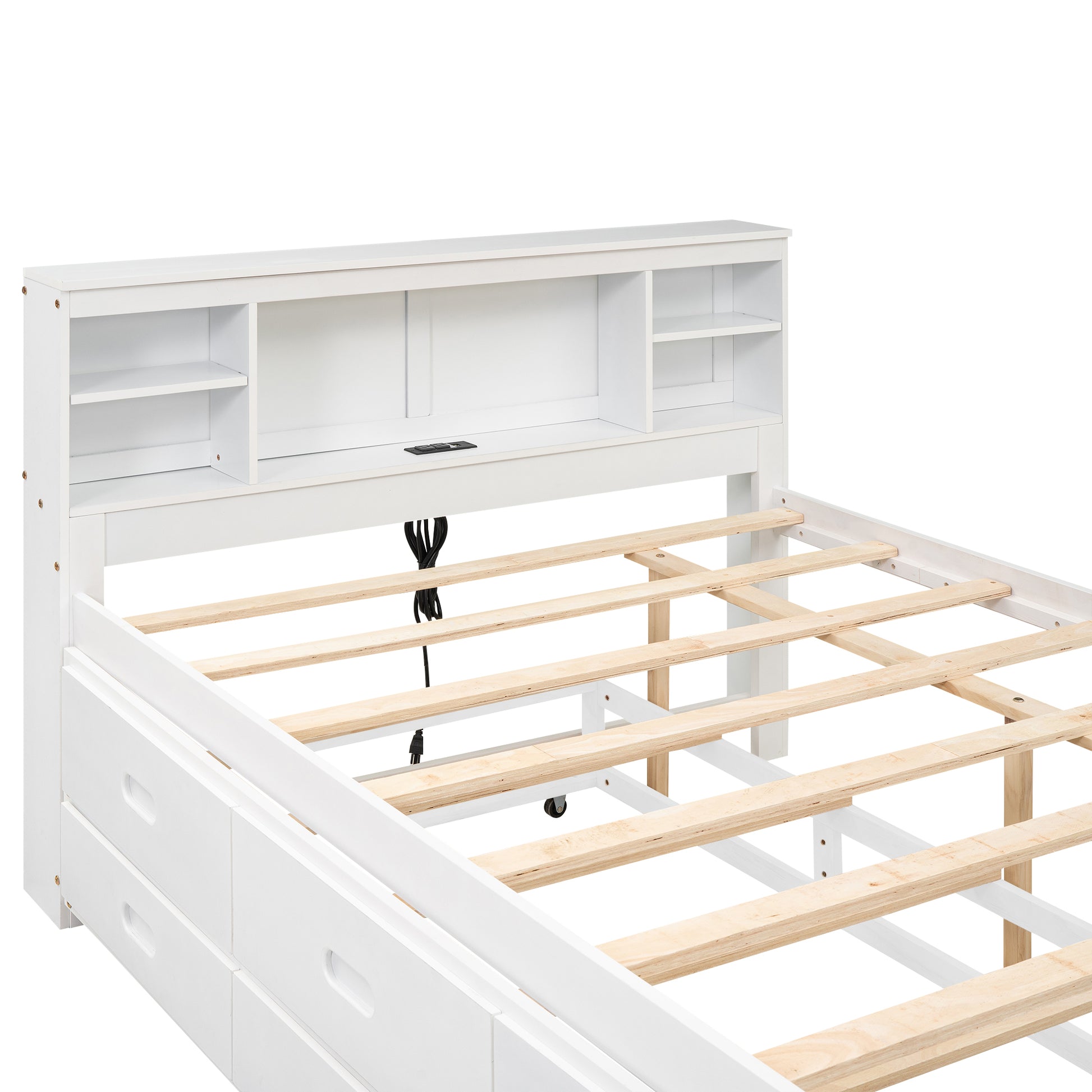 White twin storage bed frame with builtin headboard shelves and drawers