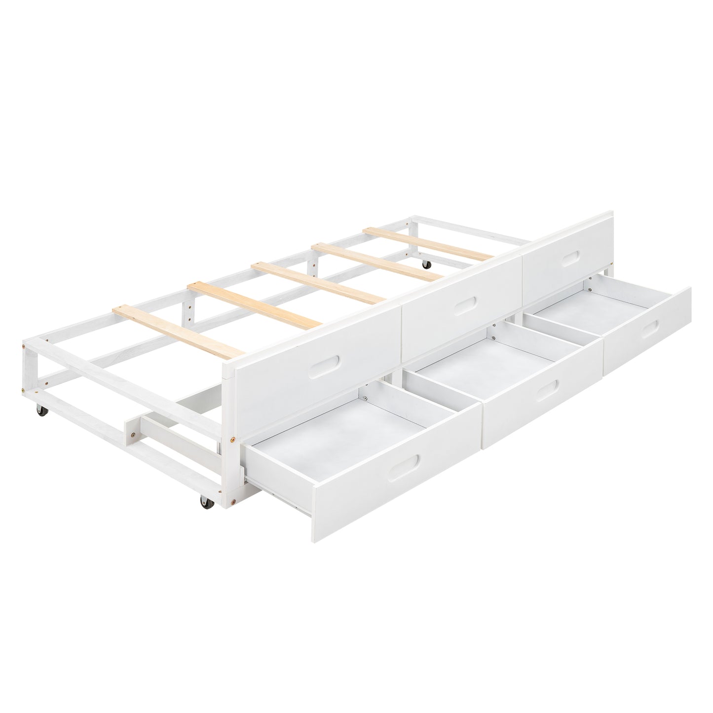 White wooden twin bed frame with three pullout drawers for storage
