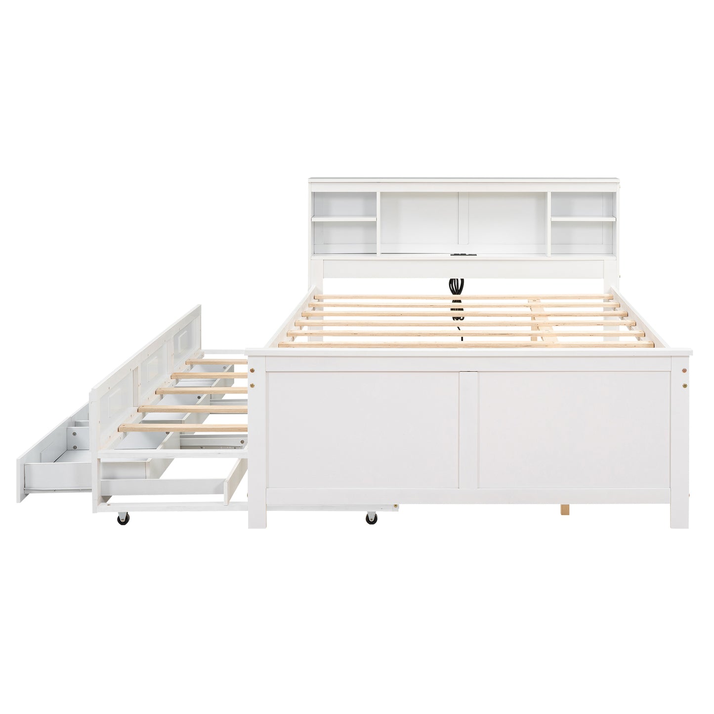 White wooden storage bed frame with builtin shelves and staircase drawers