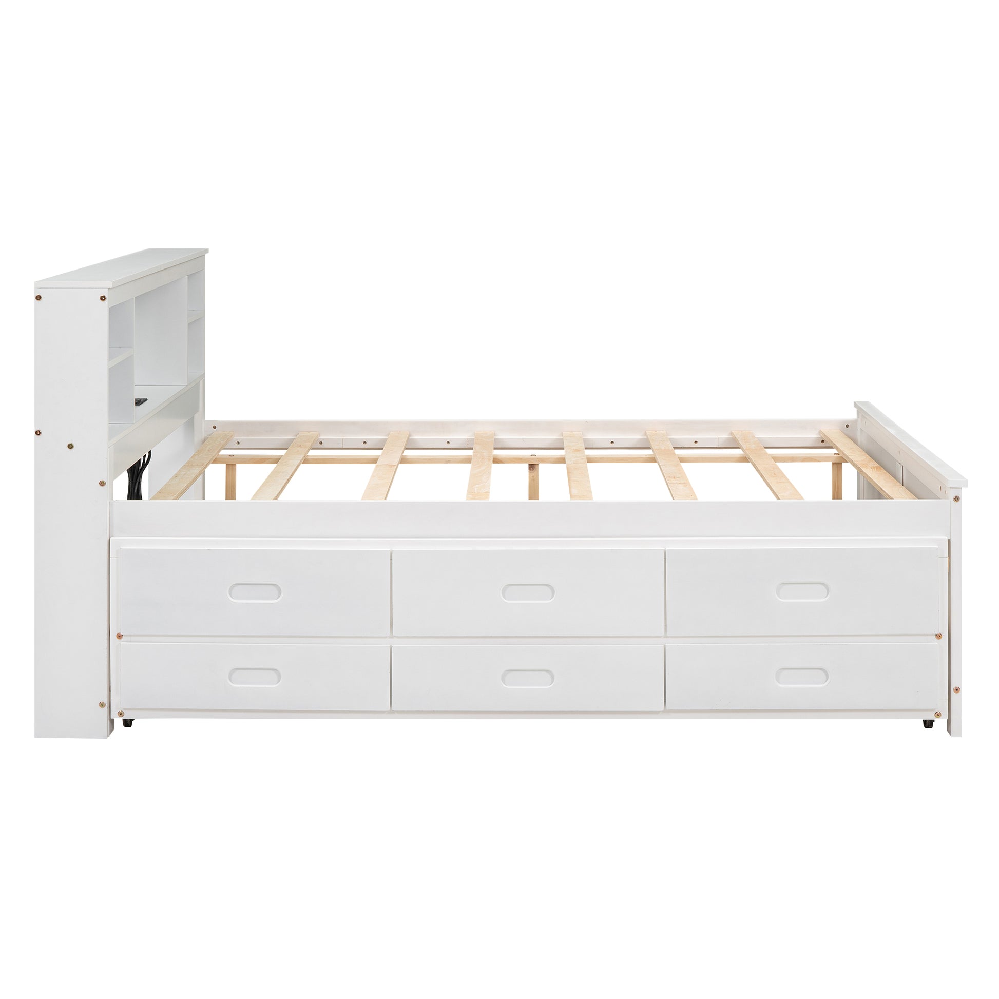 White wooden storage bed frame with six drawers and a bookcase headboard