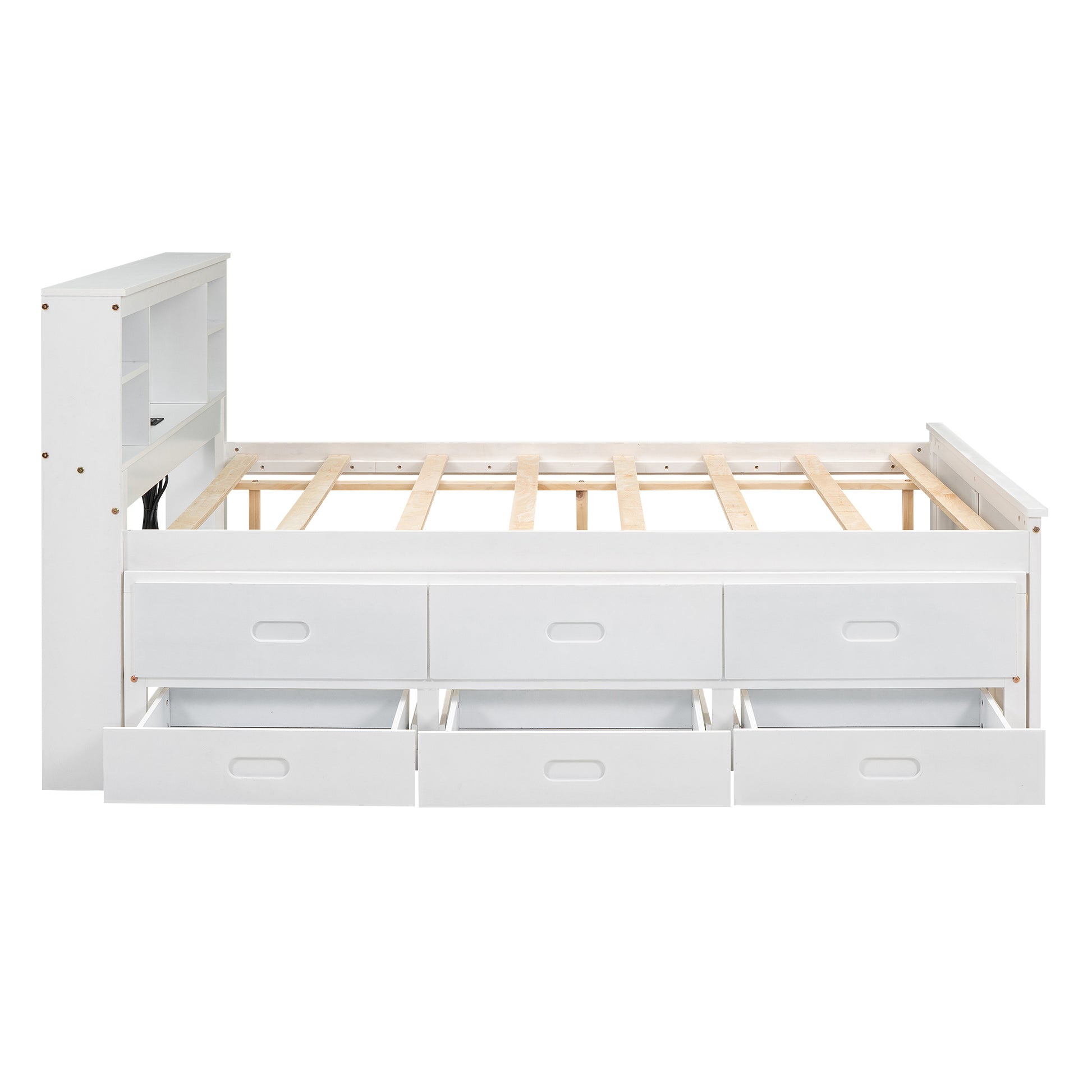 White twin bed frame with six drawers and bookcase headboard