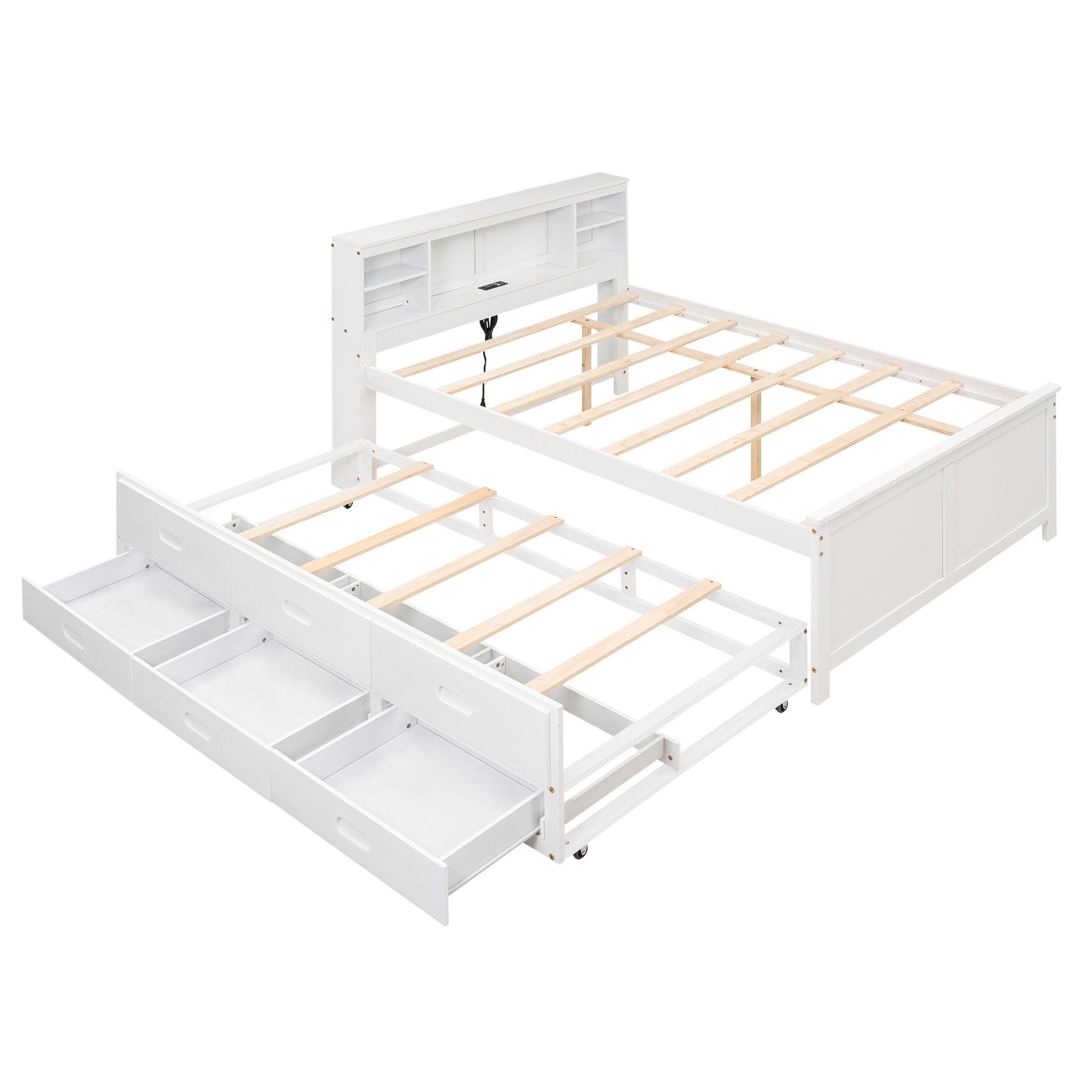 White twin daybed with drawers and bookcase headboard