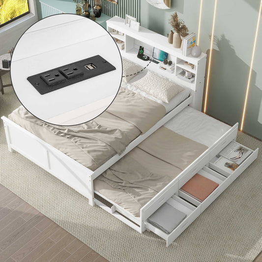 White wood bunk bed with builtin charging station
