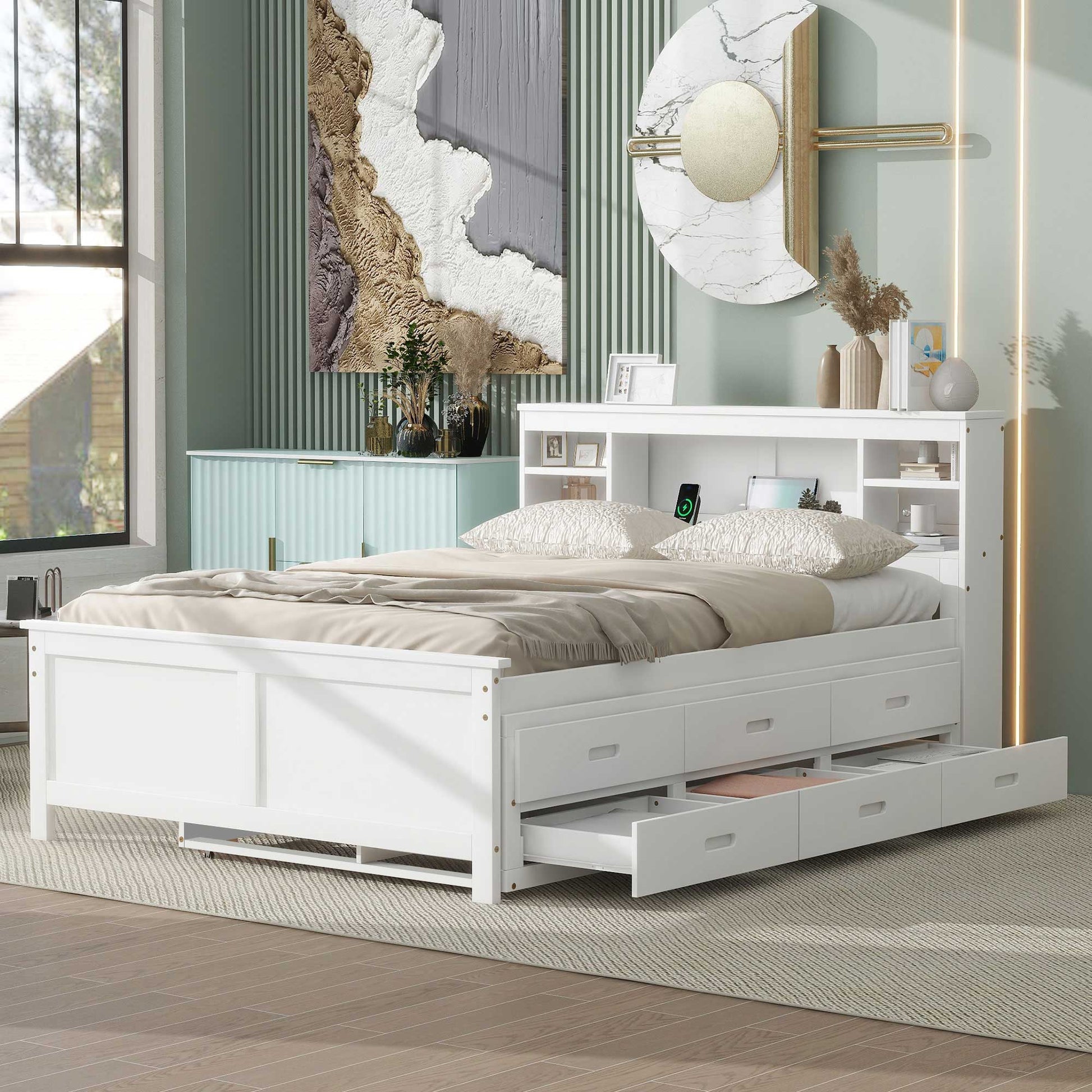 White wooden storage bed with headboard shelves