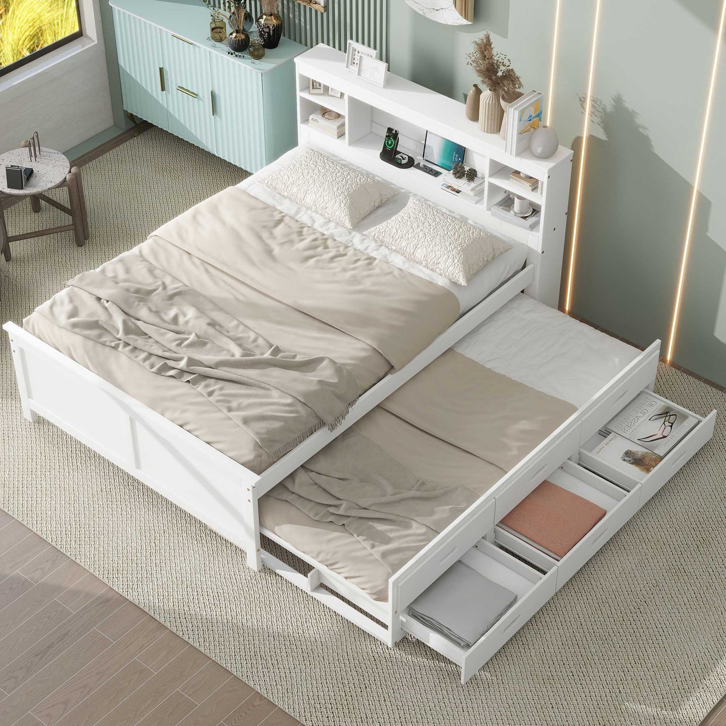 White wooden twin bed with trundle and storage drawers