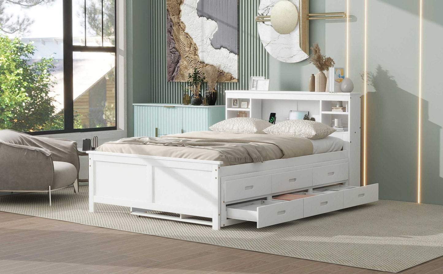 White wooden bed frame with headboard shelves and six drawers for storage