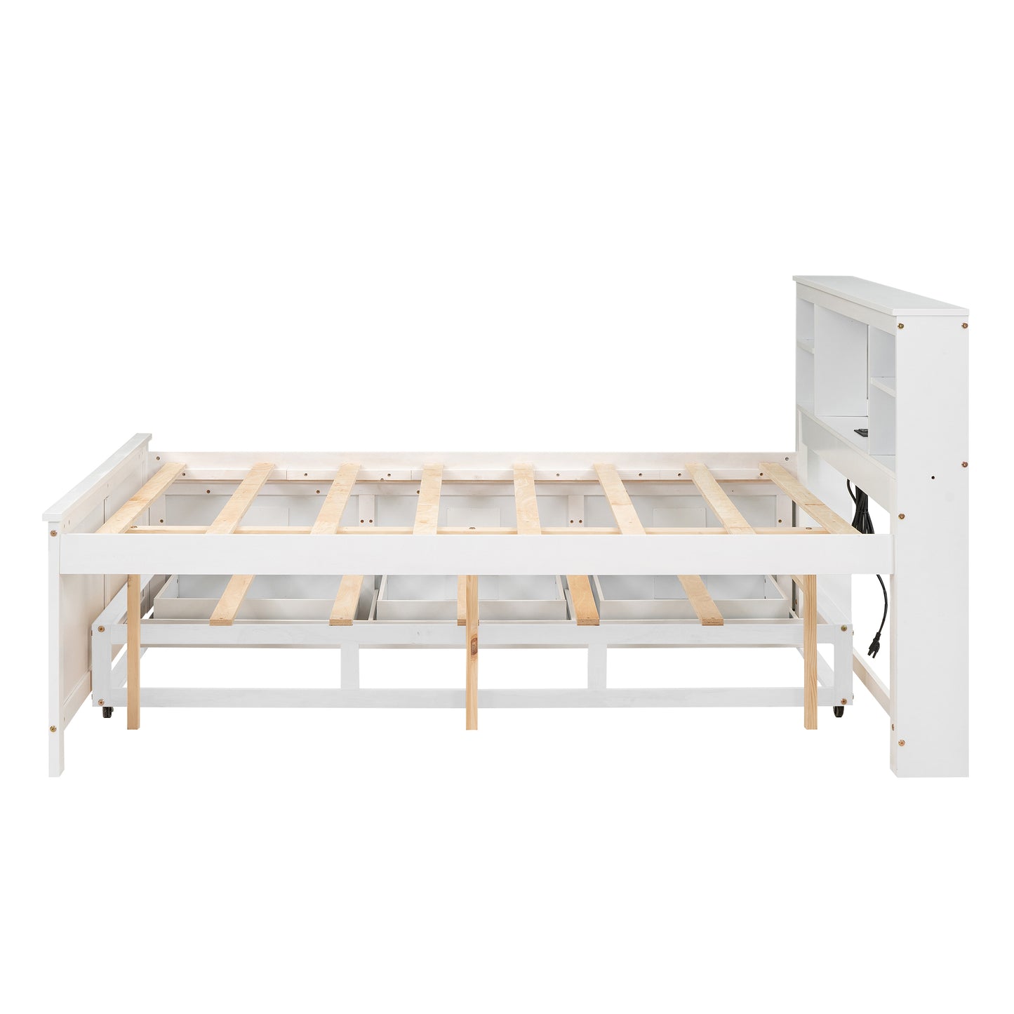 White wooden twin bed frame with builtin drawers and a bookshelf headboard