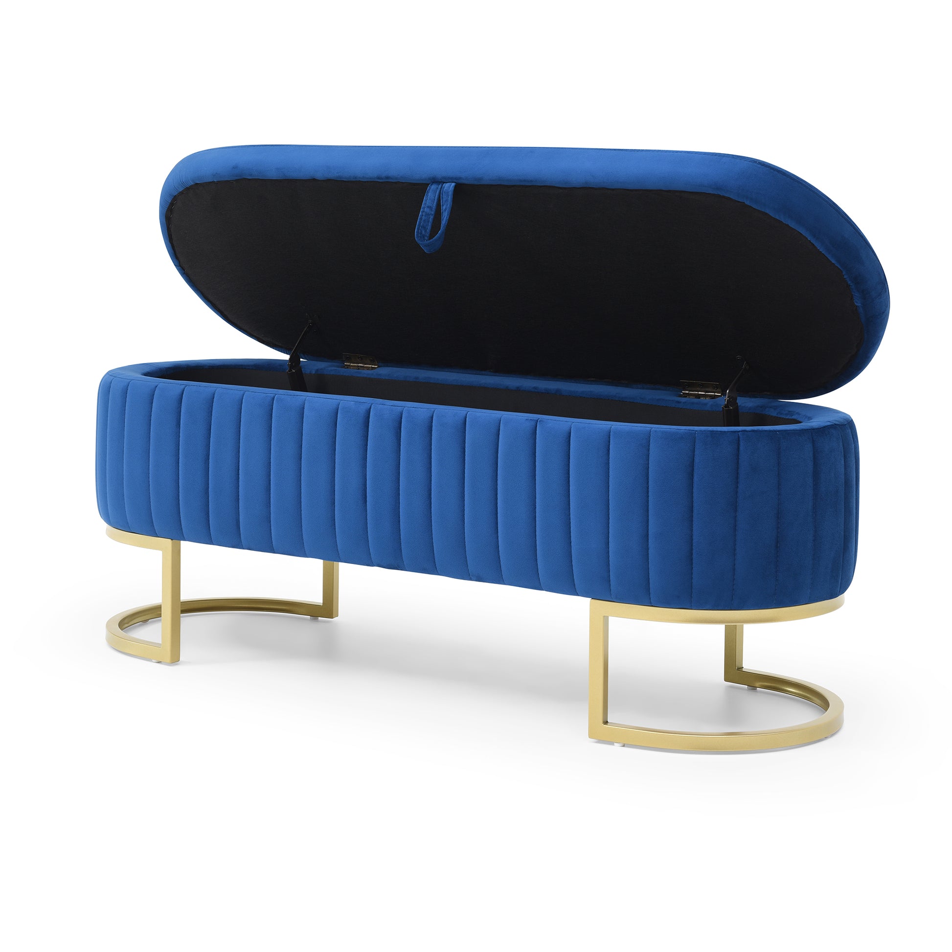 Blue velvet storage bench with tufted sides and gold metal legs