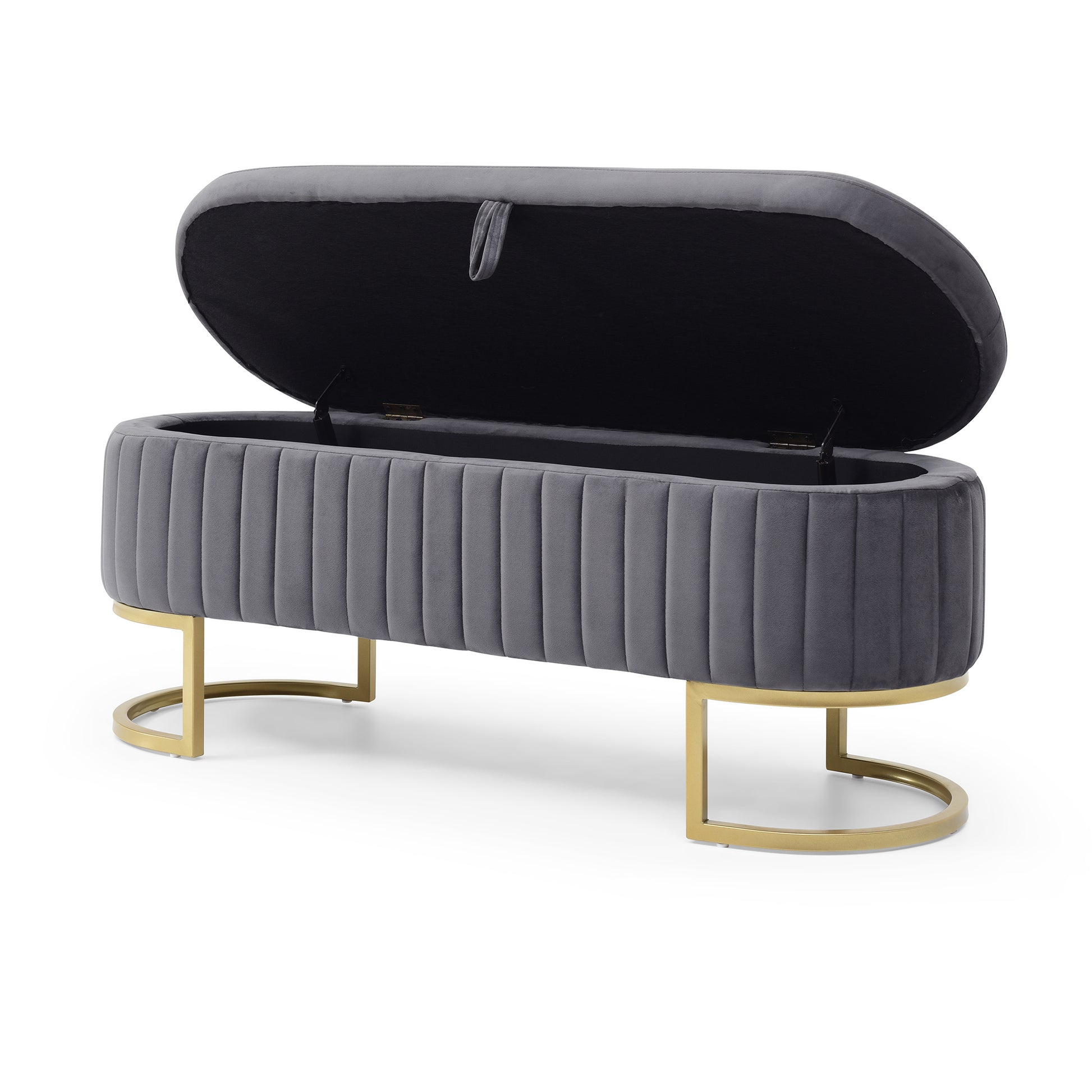 Gray velvet storage bench with gold metal legs and fluted design