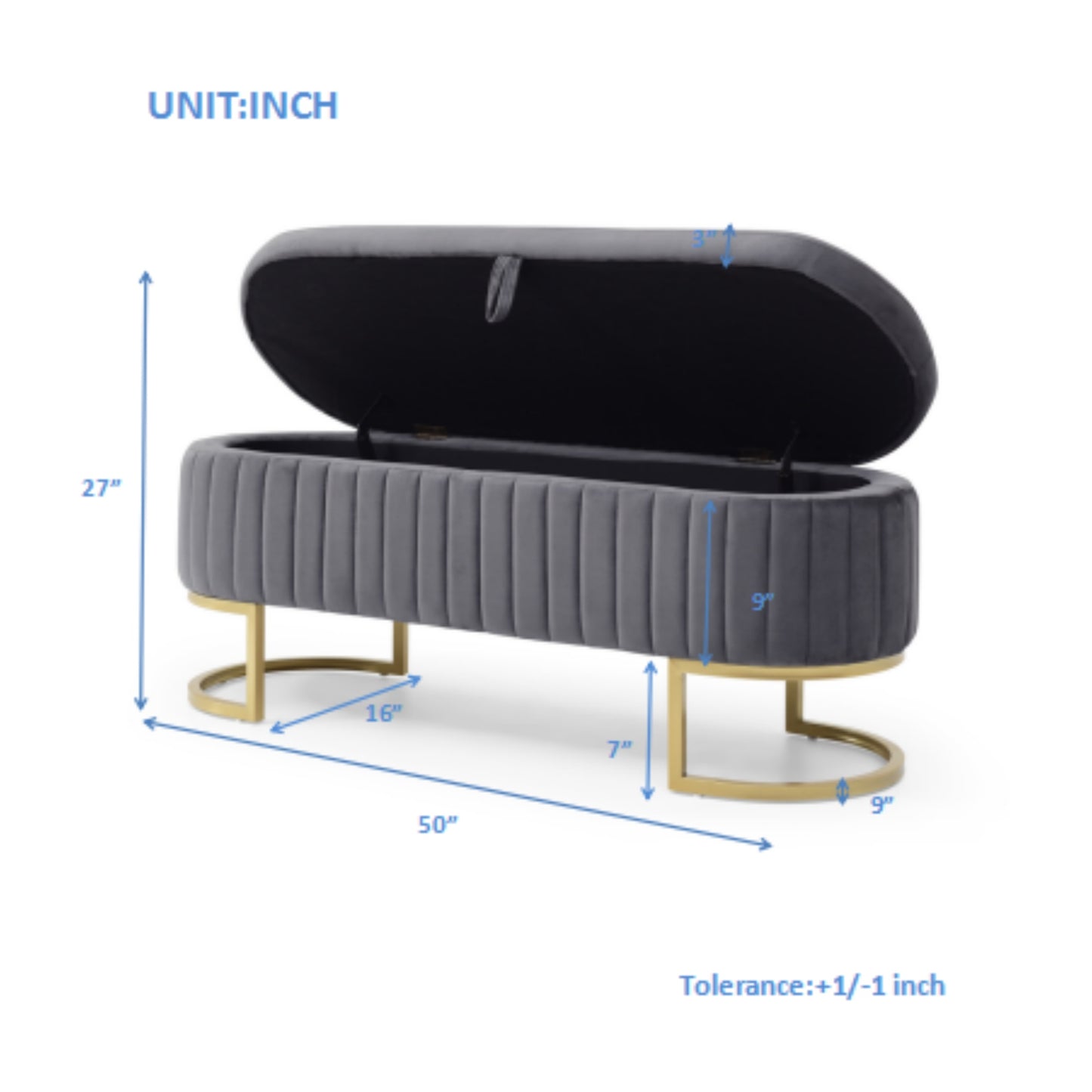 Gray velvet storage bench with channel tufting and gold base