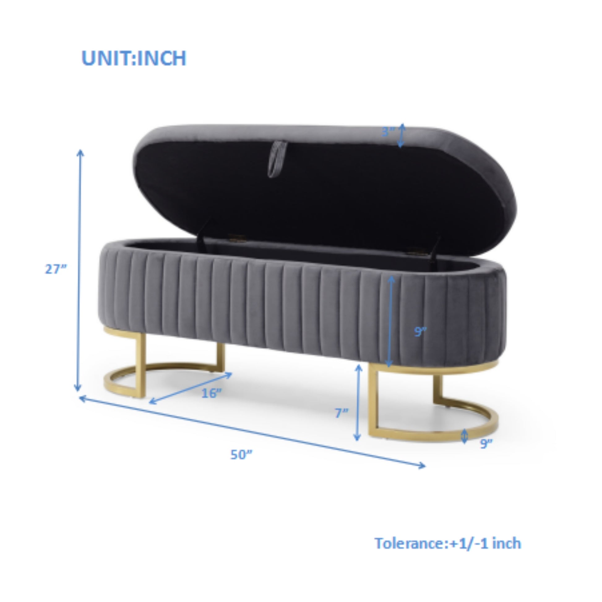 Gray velvet storage bench with channel tufting and gold base
