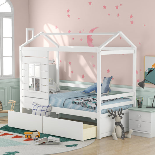 White wooden house bed frame with storage drawers and playful bedding