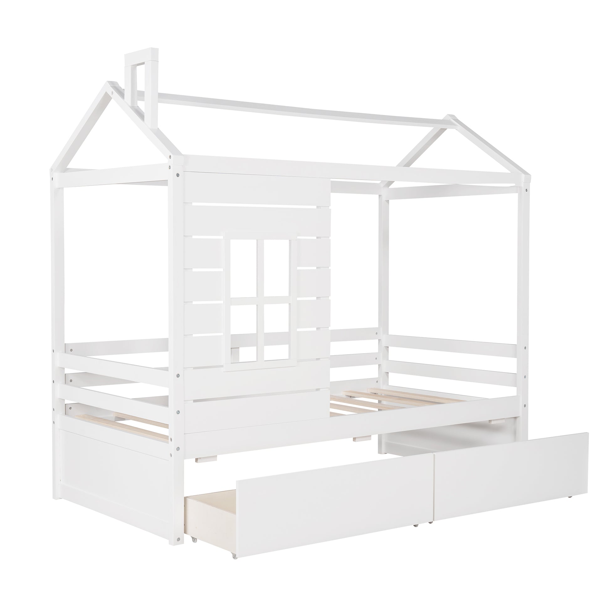 White wooden house bed frame with two drawers and a window detail for kids