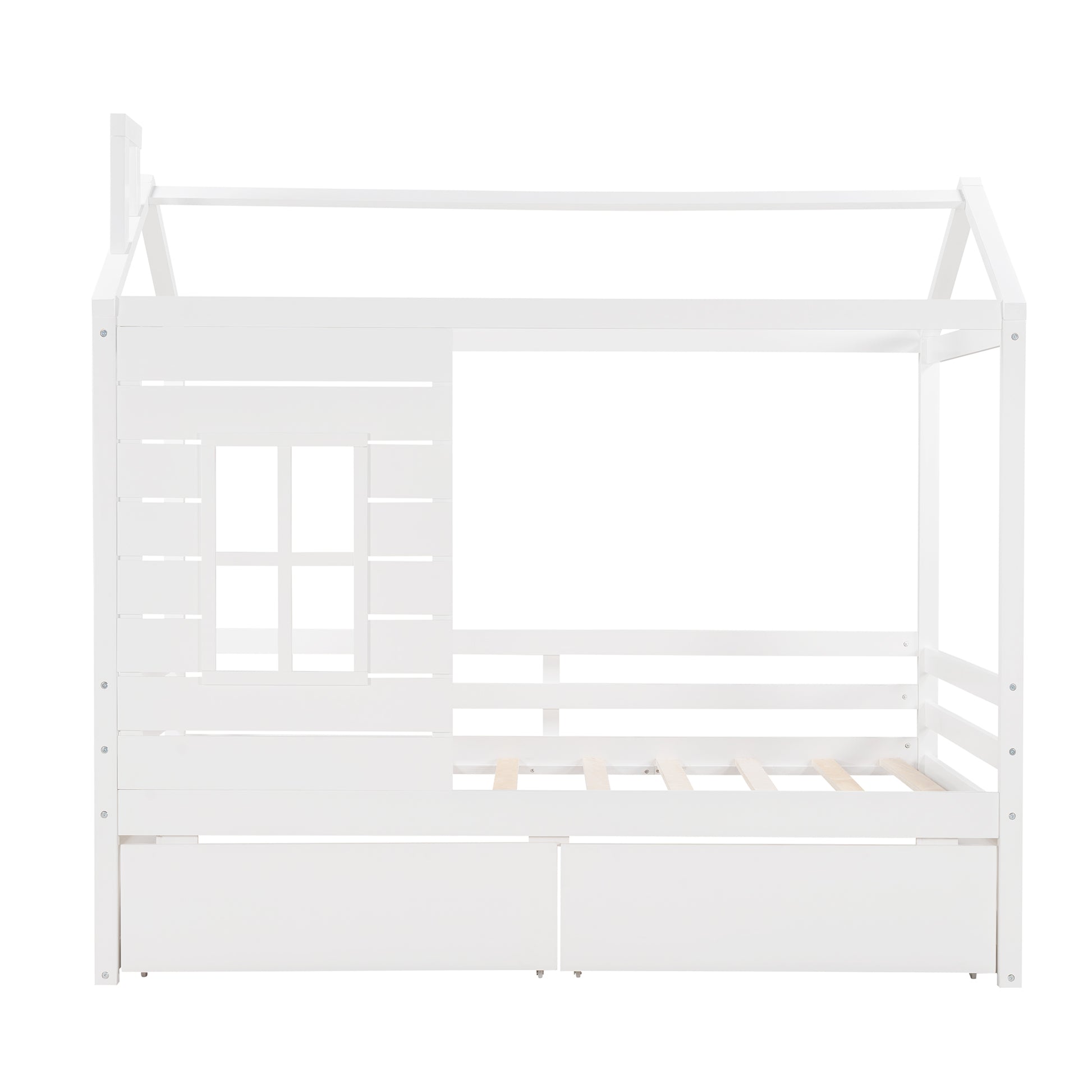 White wooden house bed frame with faux window and storage drawers