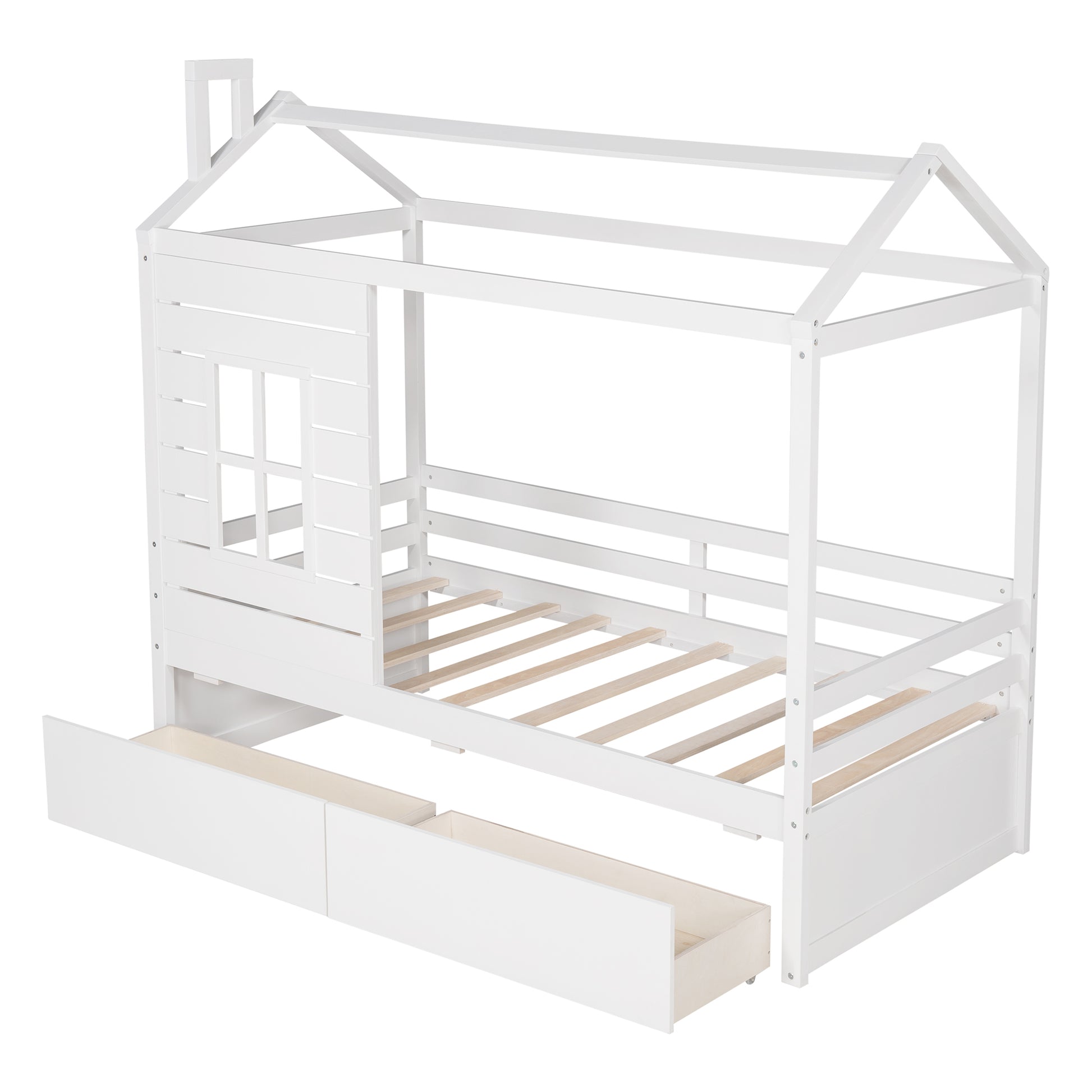 White wooden house bed frame with two drawers and slatted base