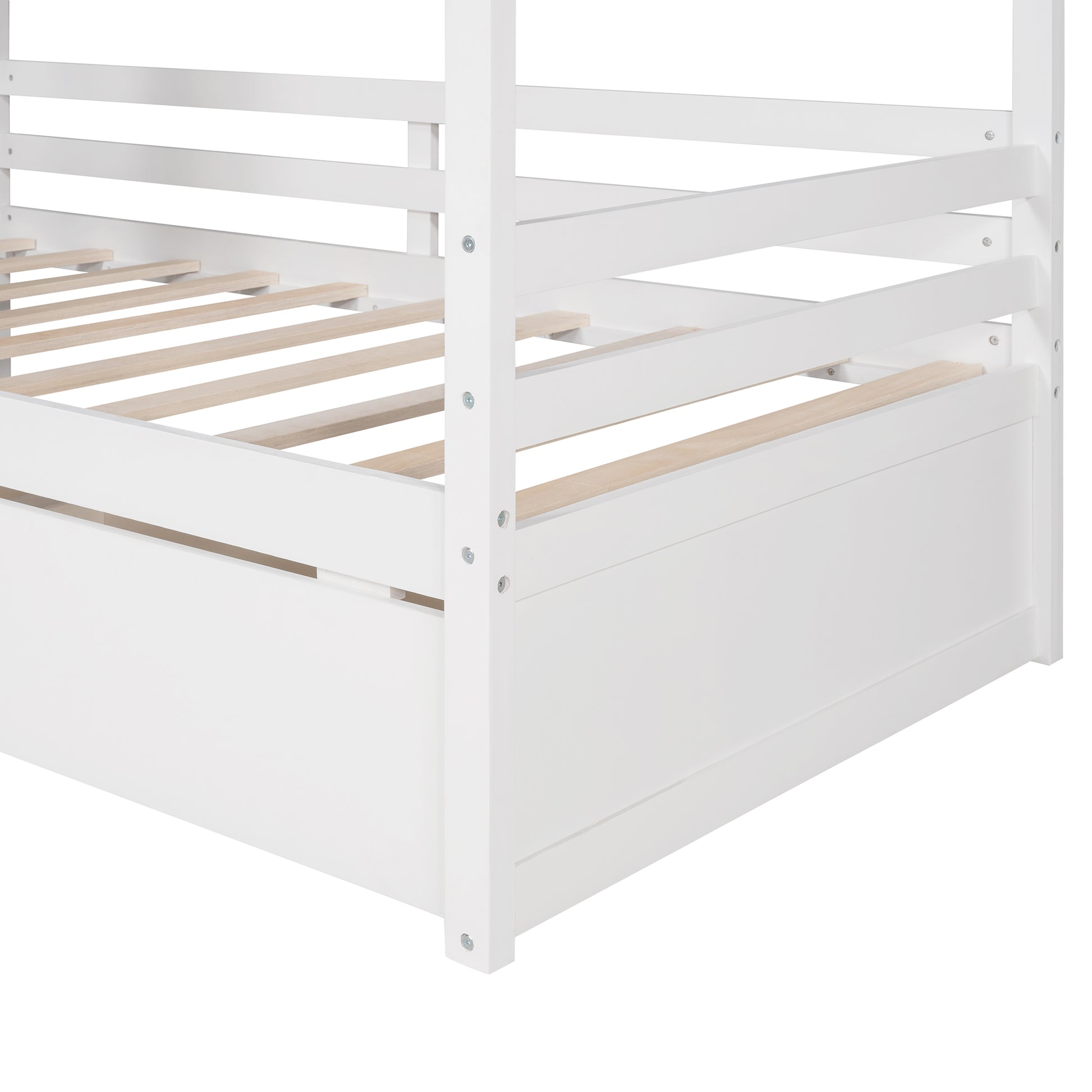 Closeup of a white wooden bunk bed frame with slatted support