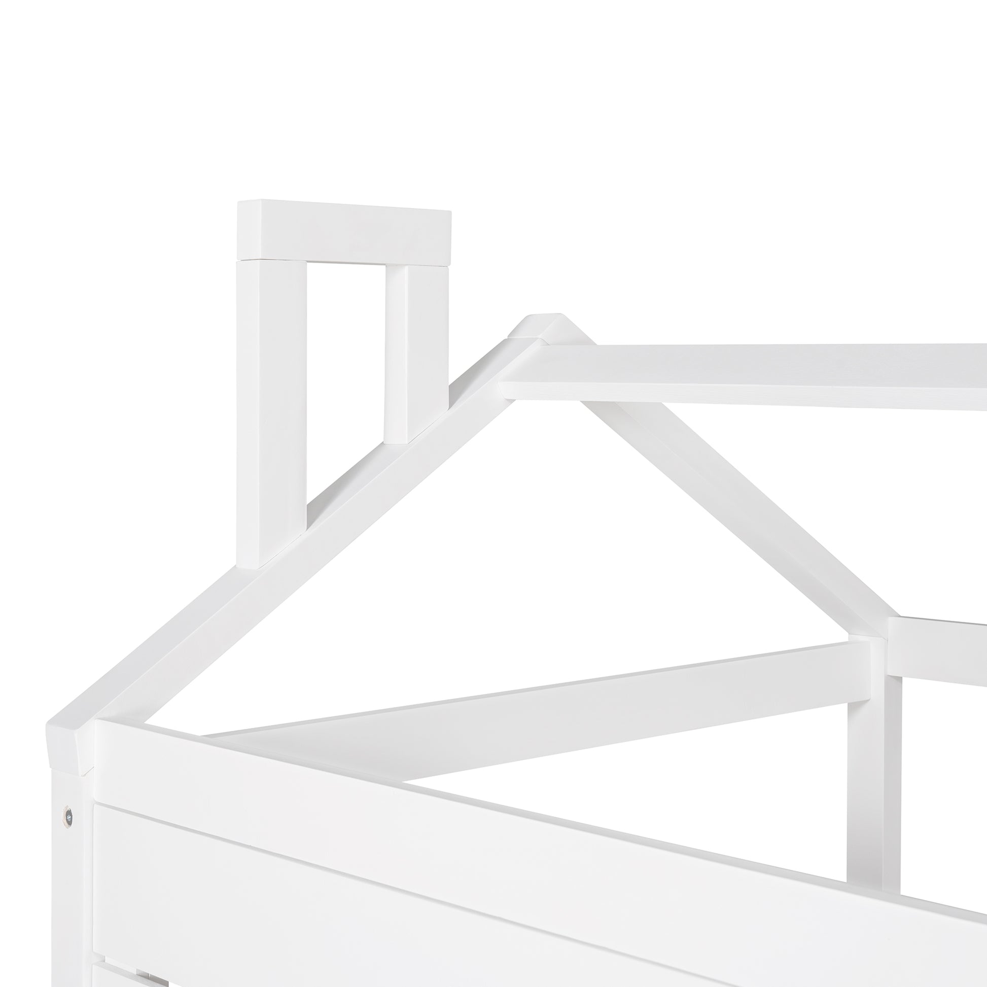 White wooden house bed frame corner detail