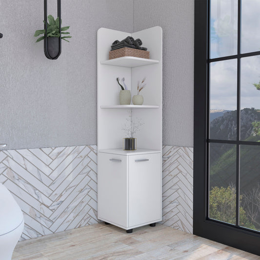 White corner storage cabinet with open shelves and a lower cabinet