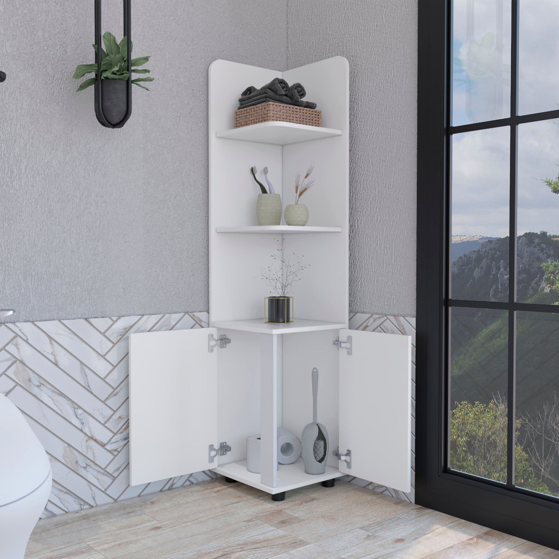White corner bathroom cabinet with open doors displaying toiletries
