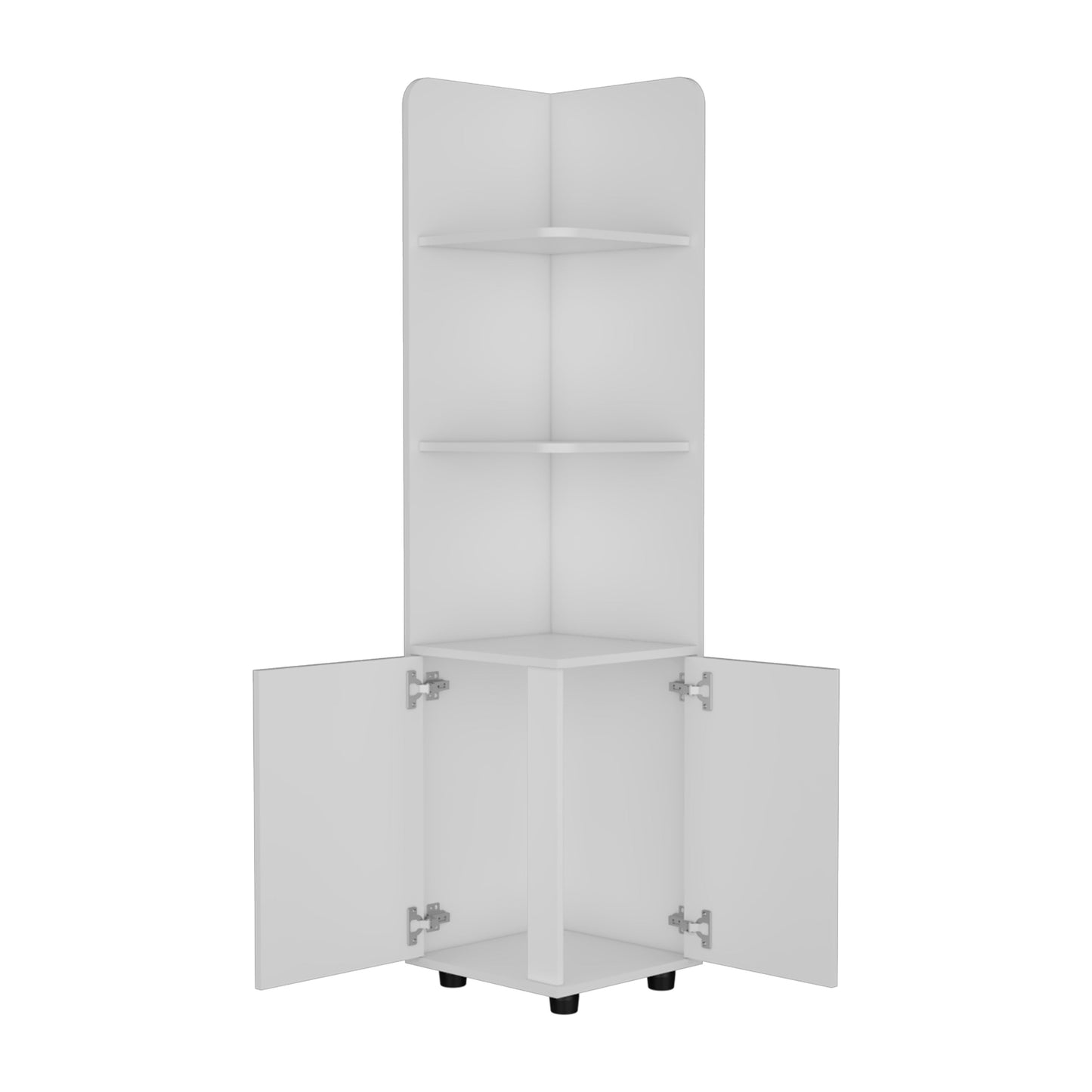 White corner shelving unit with cabinet doors open