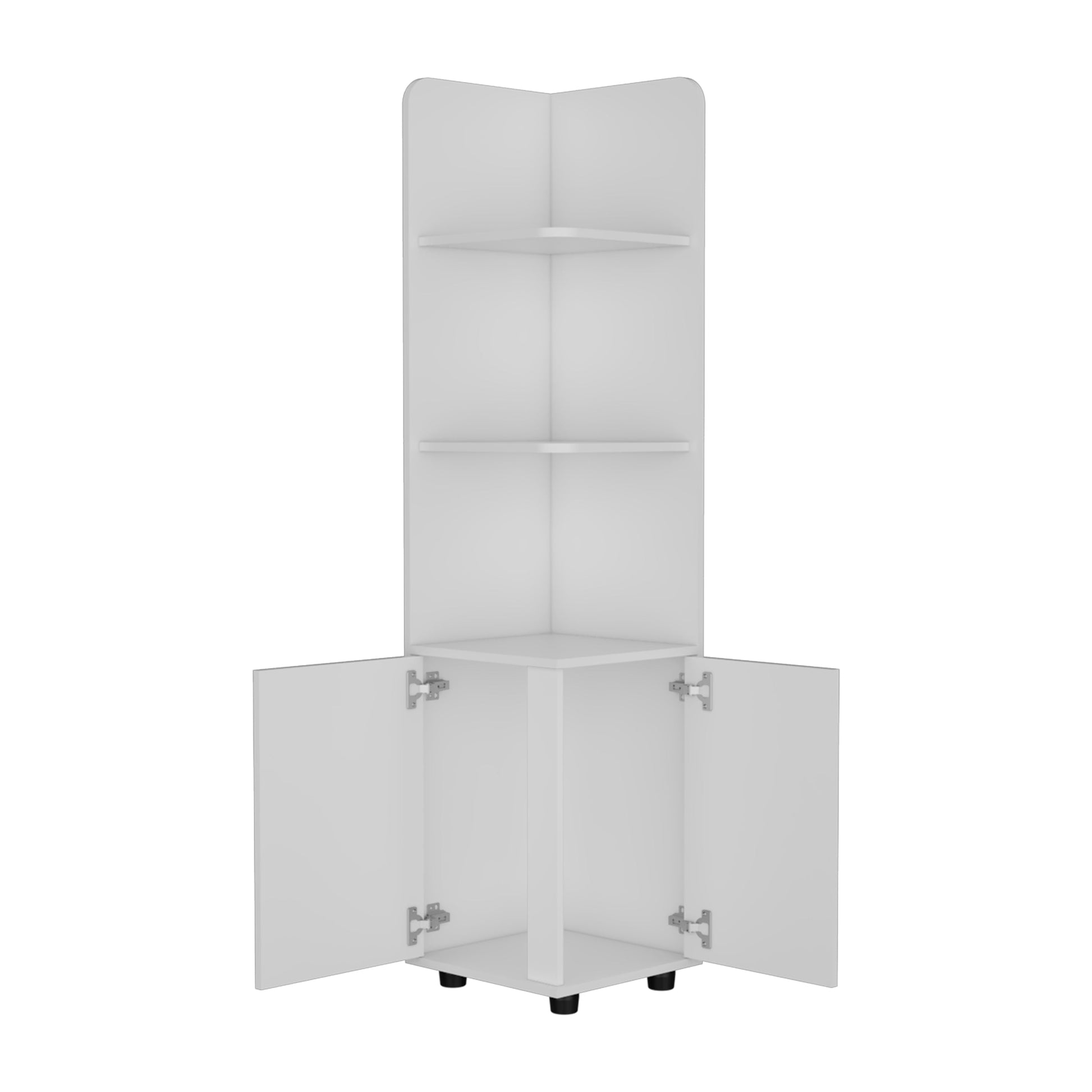 White corner shelving unit with cabinet doors open
