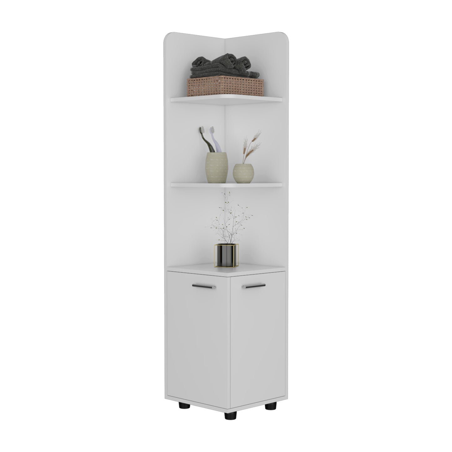 White modern corner storage cabinet with three shelves and a twodoor cabinet base