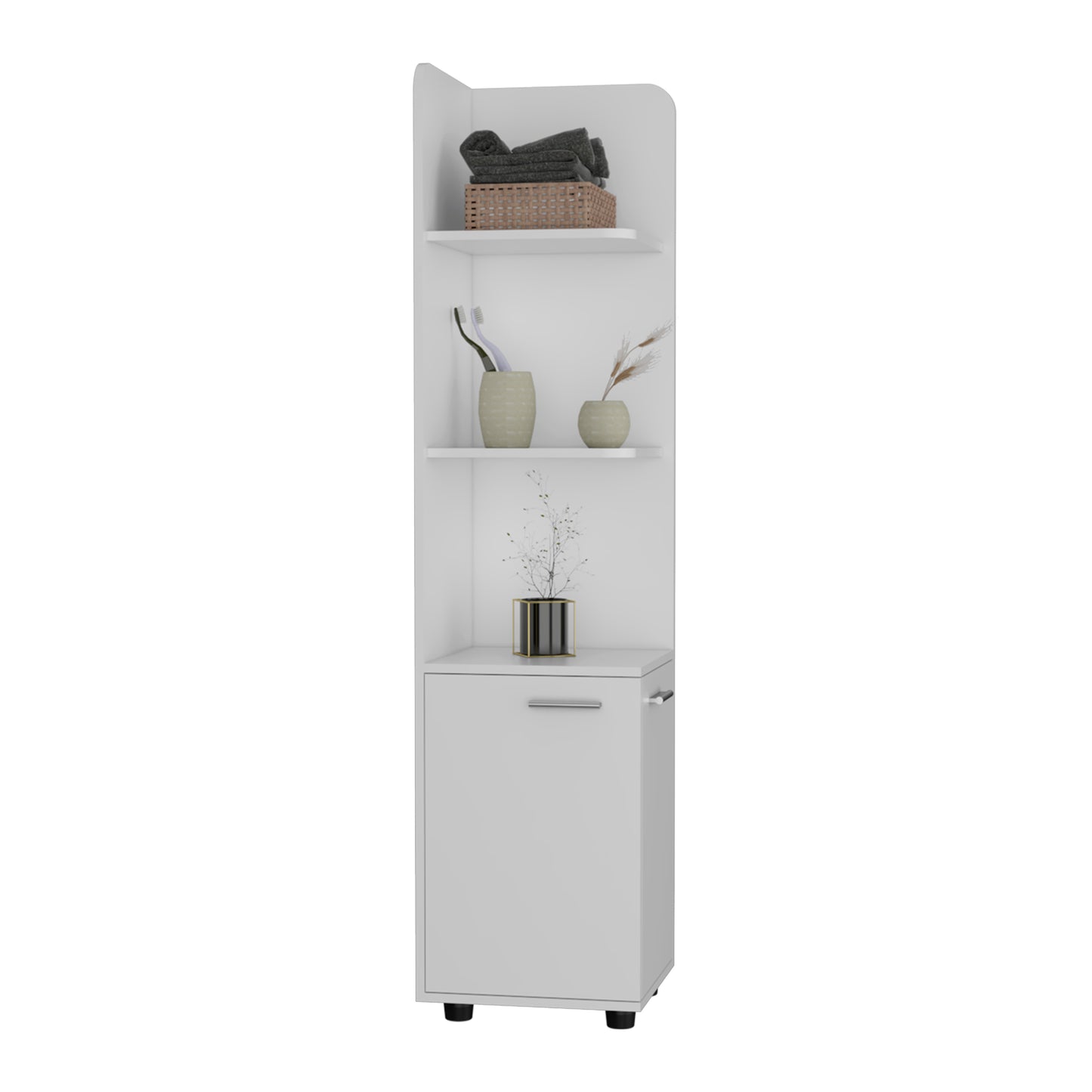 White corner shelving unit with woven basket of towels