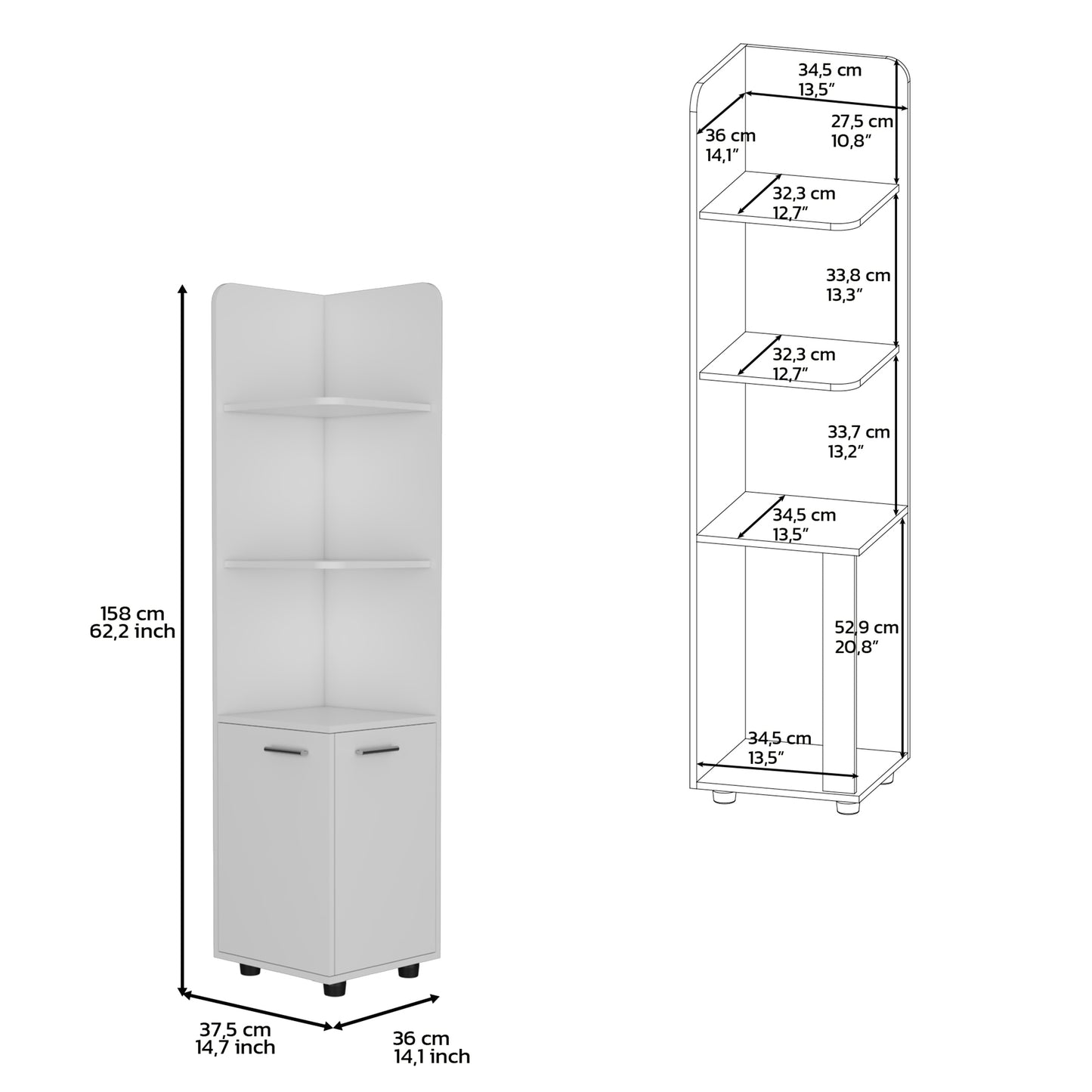 White modern corner shelving unit with one drawer