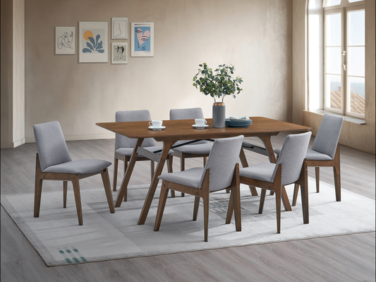 Midcentury modern dining set with a rich walnut table and grey upholstered chairs
