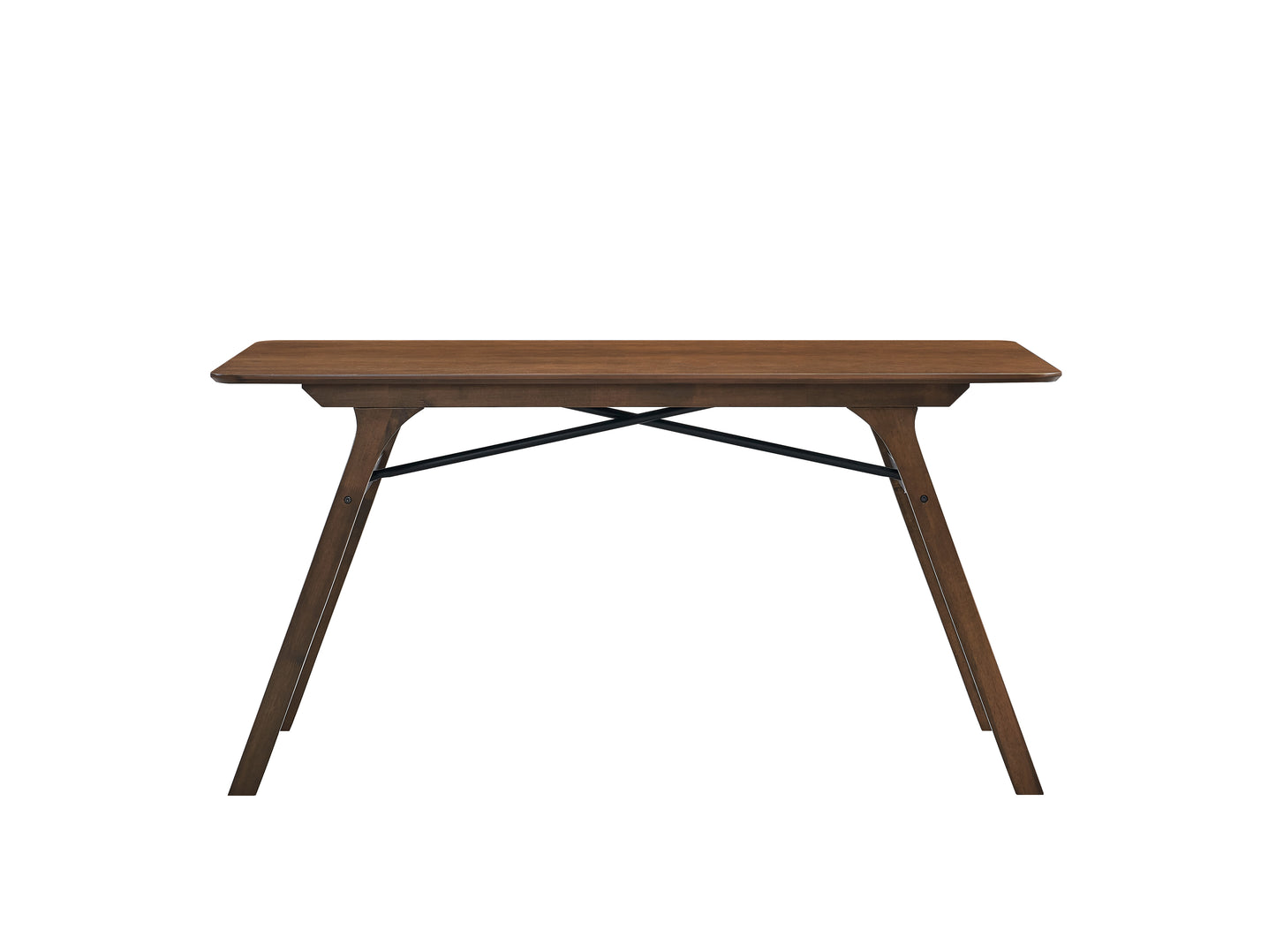 Dark wood dining table with tapered legs and black metal cross brace