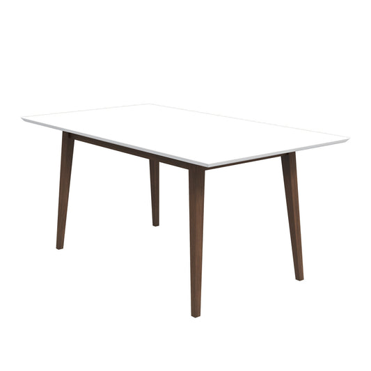 Rectangular white dining table with tapered dark wood legs