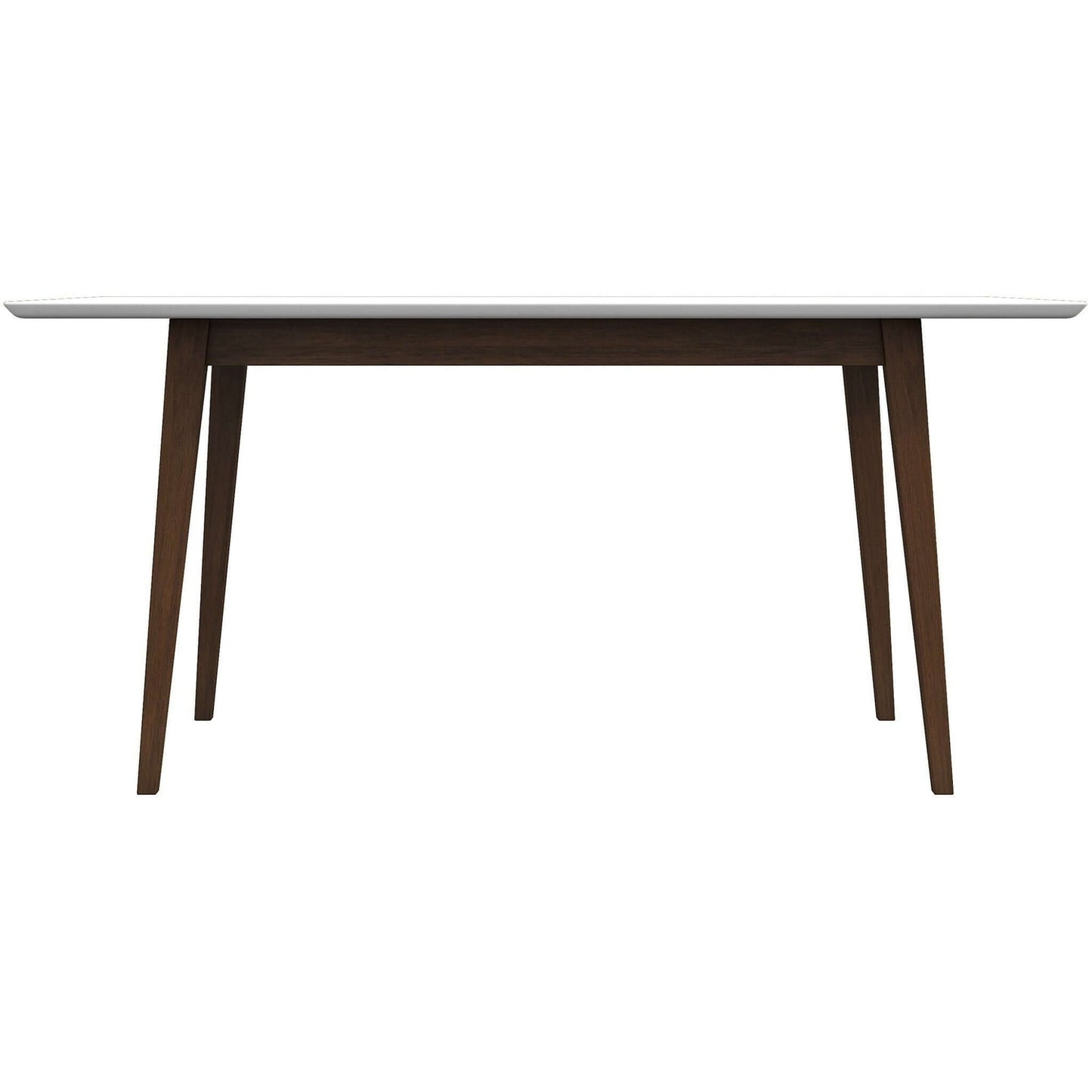 White rectangular dining table with dark wood tapered legs