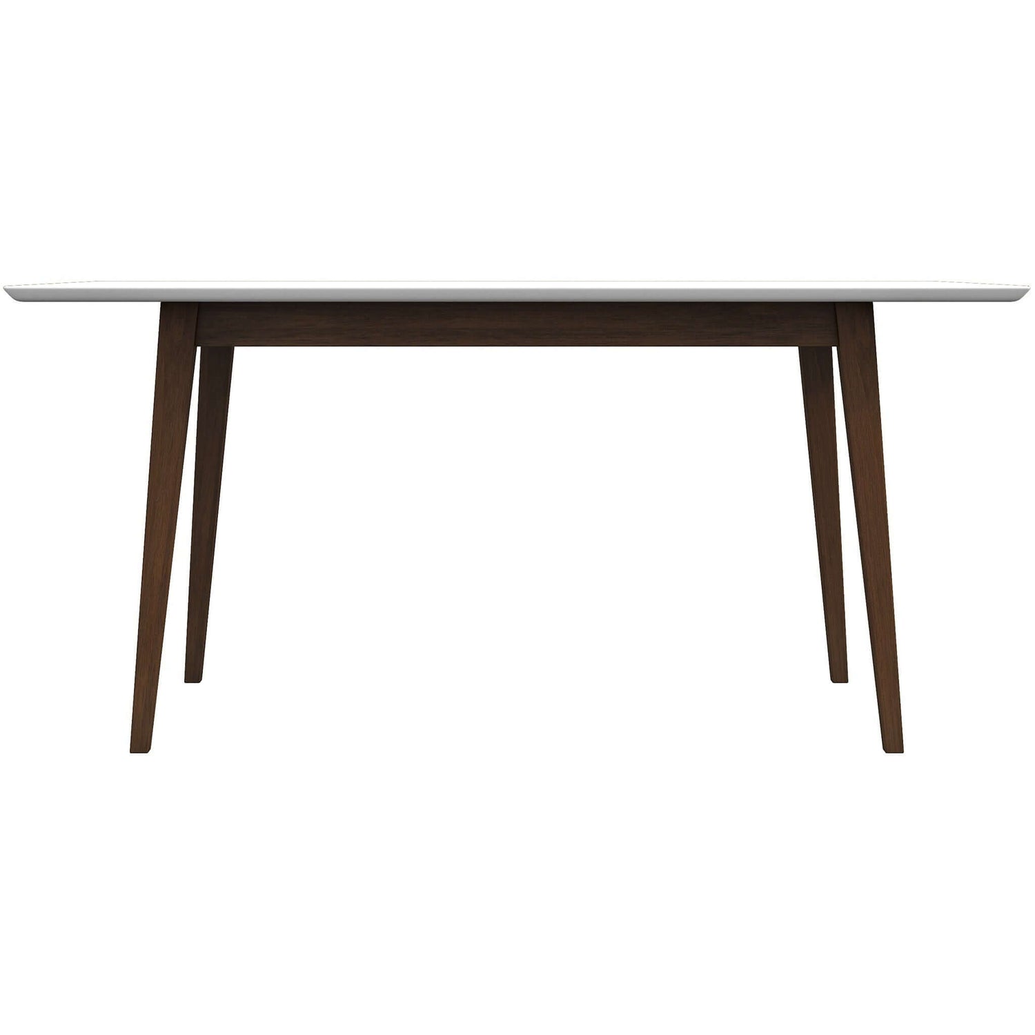 White rectangular dining table with dark wood tapered legs
