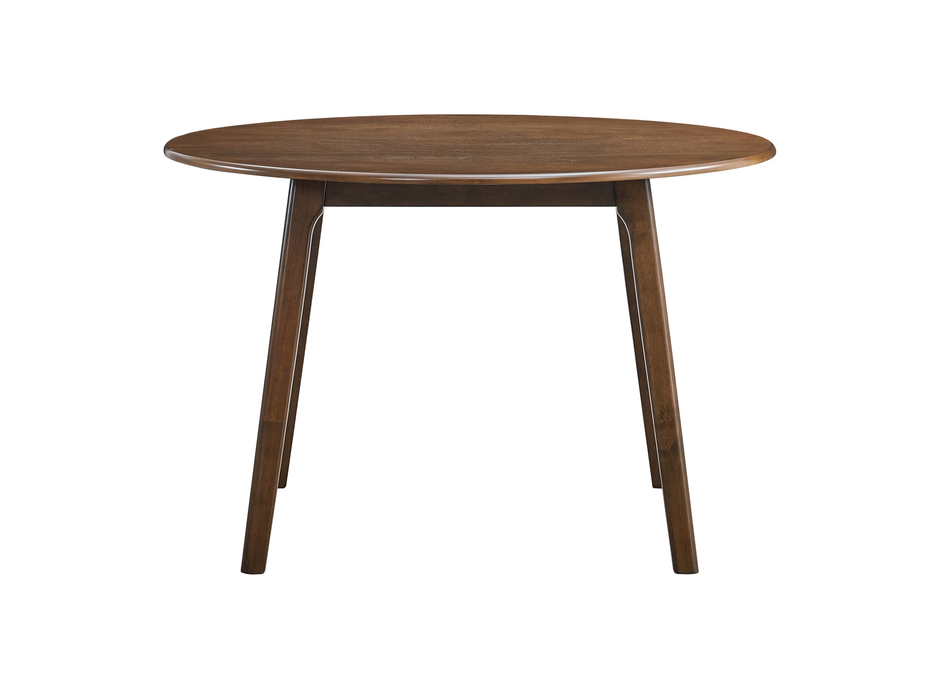 Round dark wood dining table with tapered legs