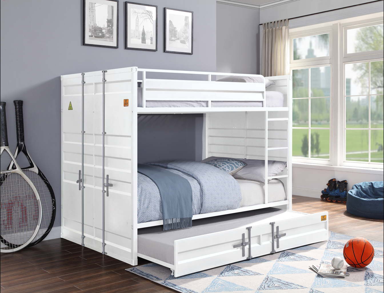 White metal bunk bed with pullout trundle