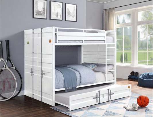 White metal bunk bed with pullout trundle