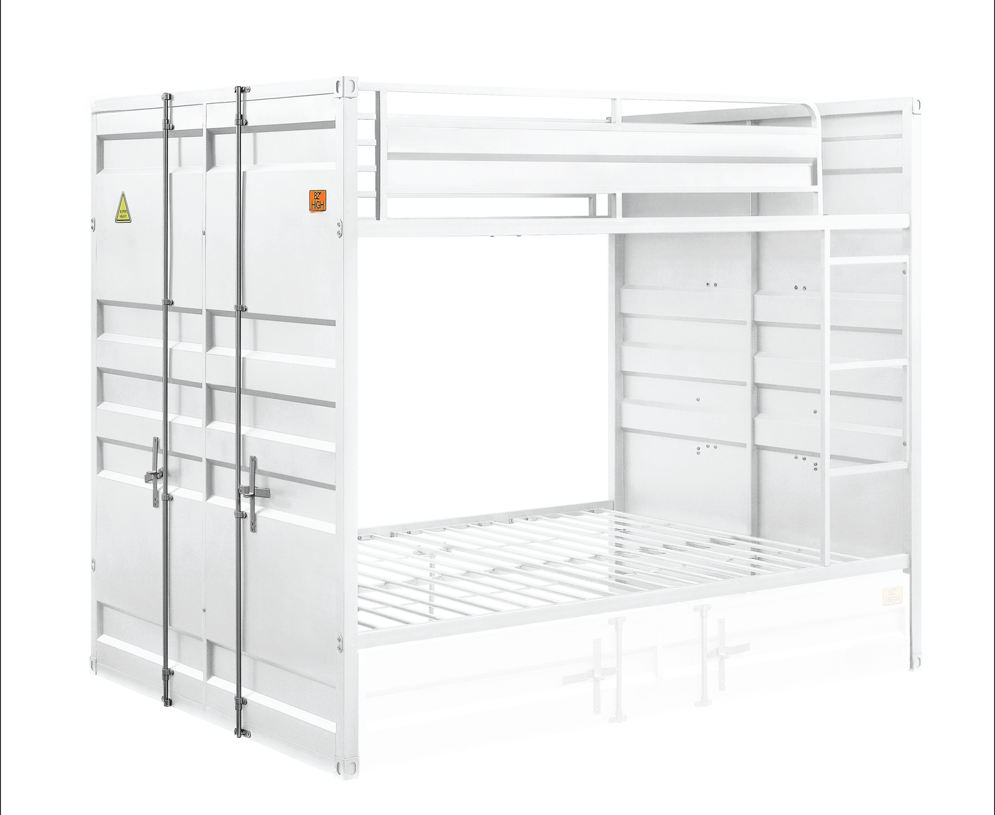 White metal bunk bed with industrial shipping container design and dual doors
