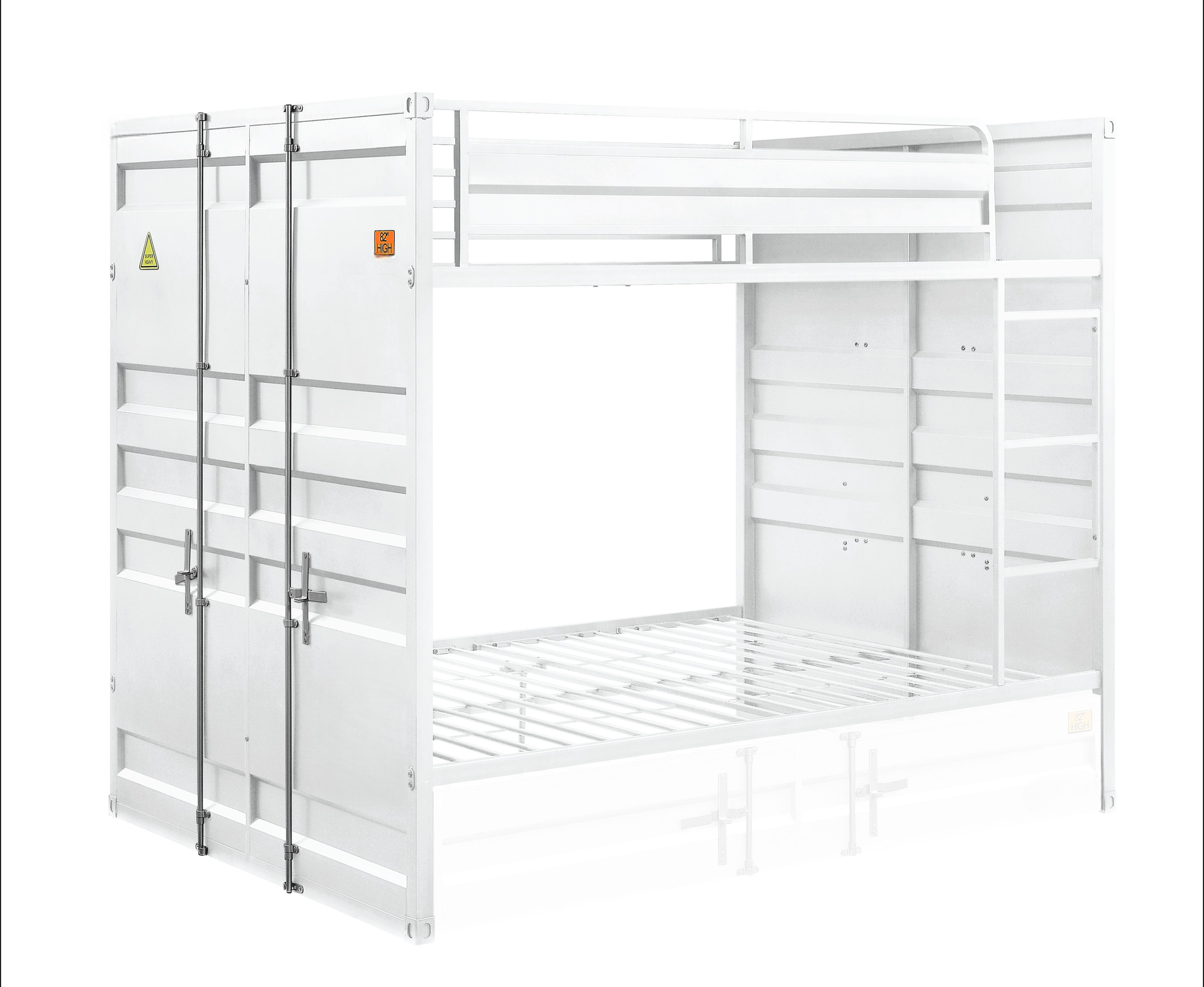 White metal bunk bed with industrial shipping container design and dual doors