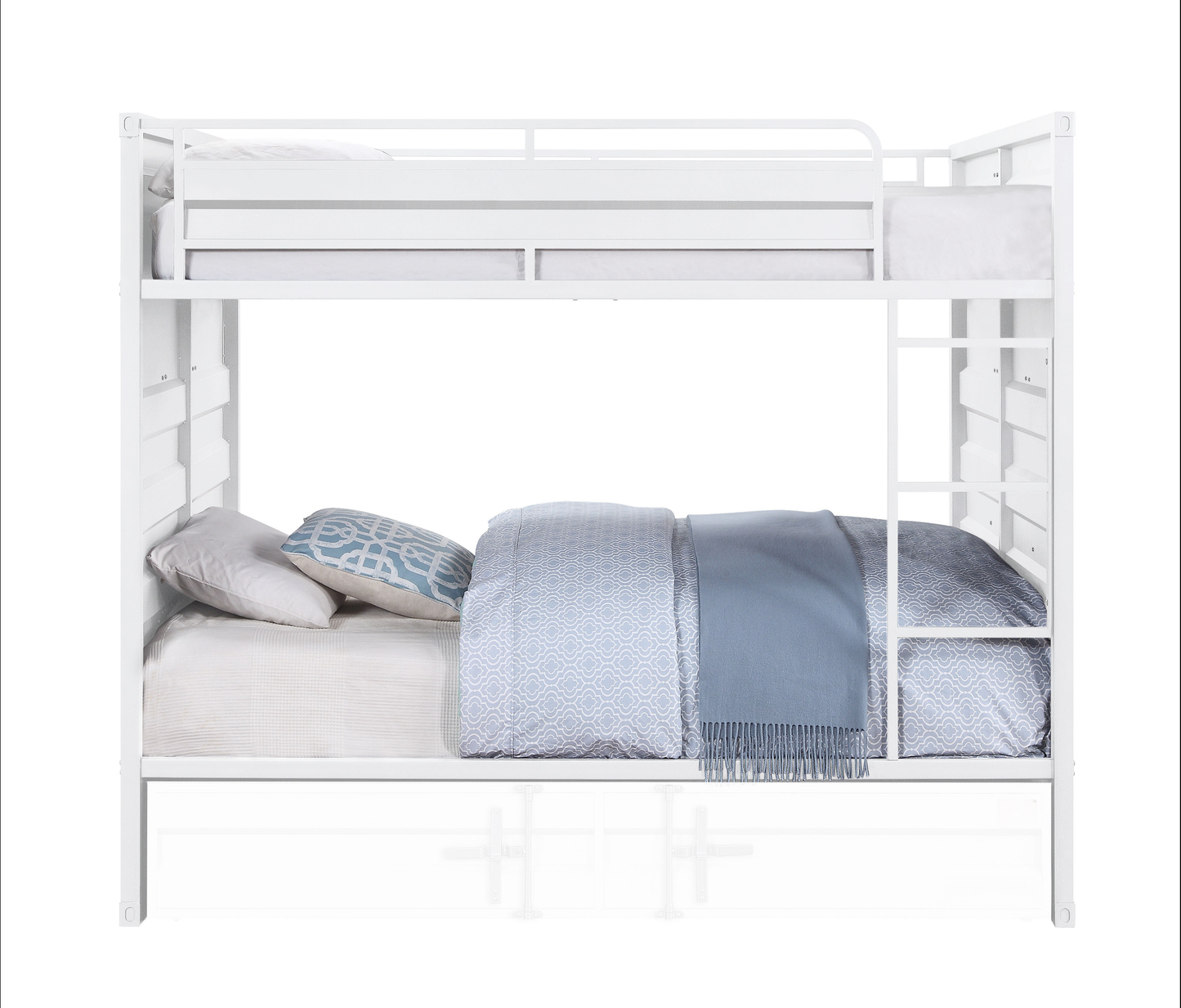 White metal bunk bed with patterned bedding and blue throw