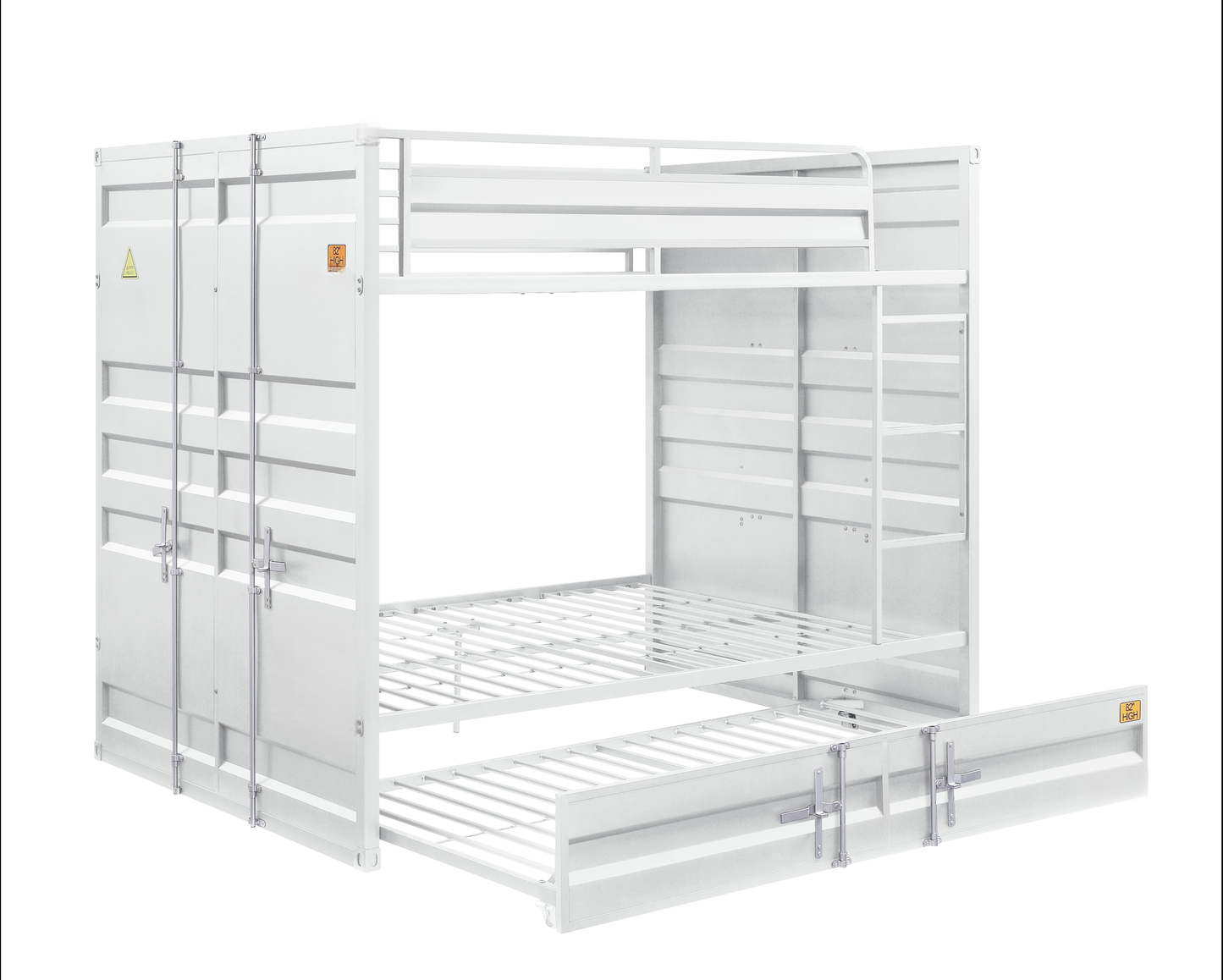 White metal bunk bed with pullout trundle inspired by shipping containers ideal for kids rooms