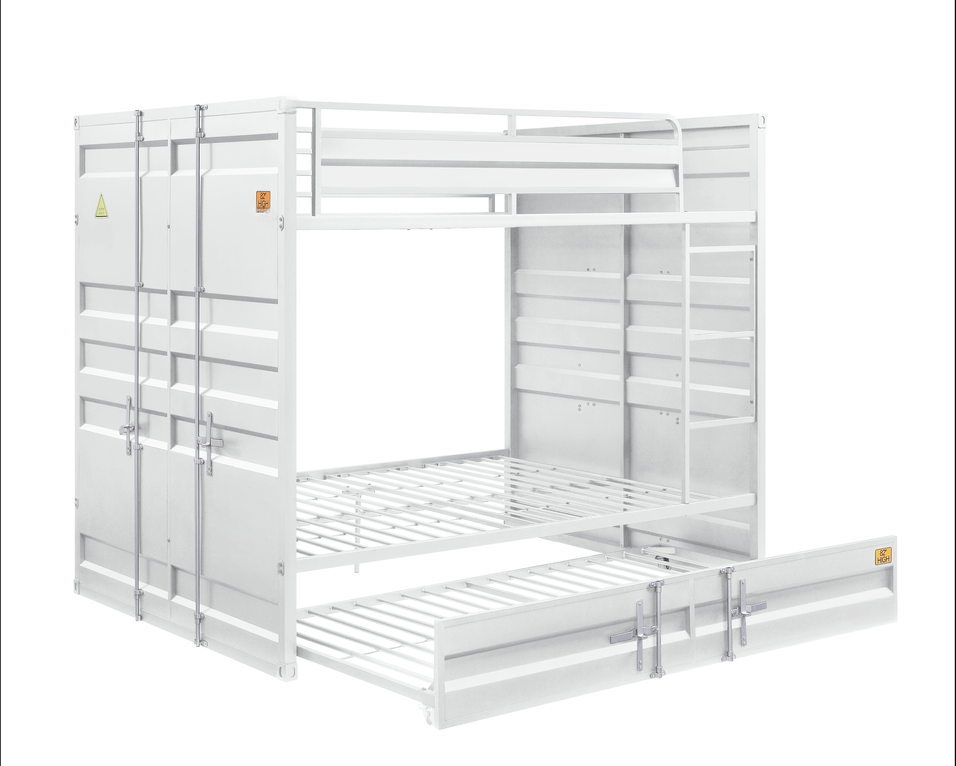 White metal bunk bed with pullout trundle inspired by shipping containers ideal for kids rooms