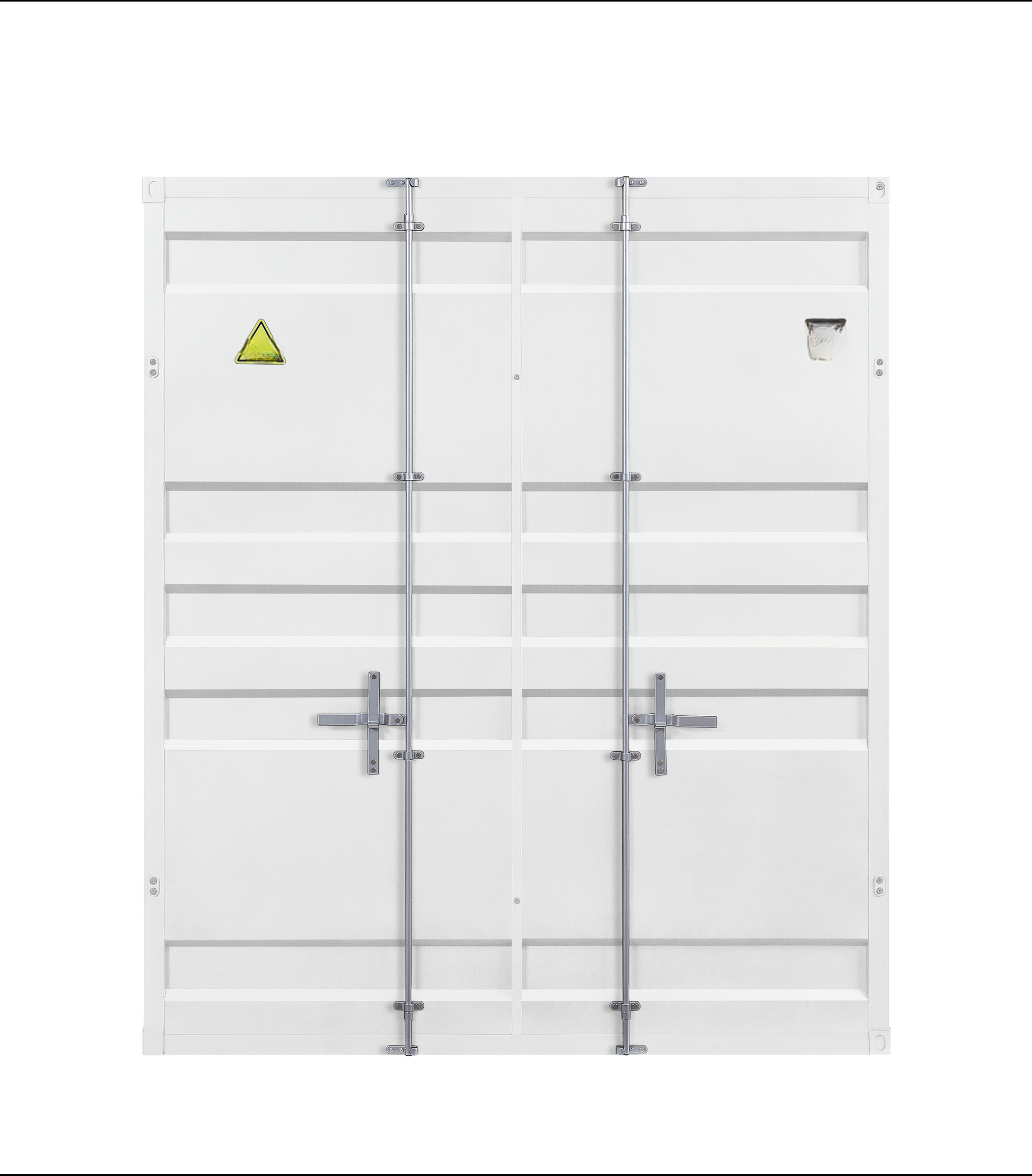 White corrugated steel shipping container doors with silver latching mechanism